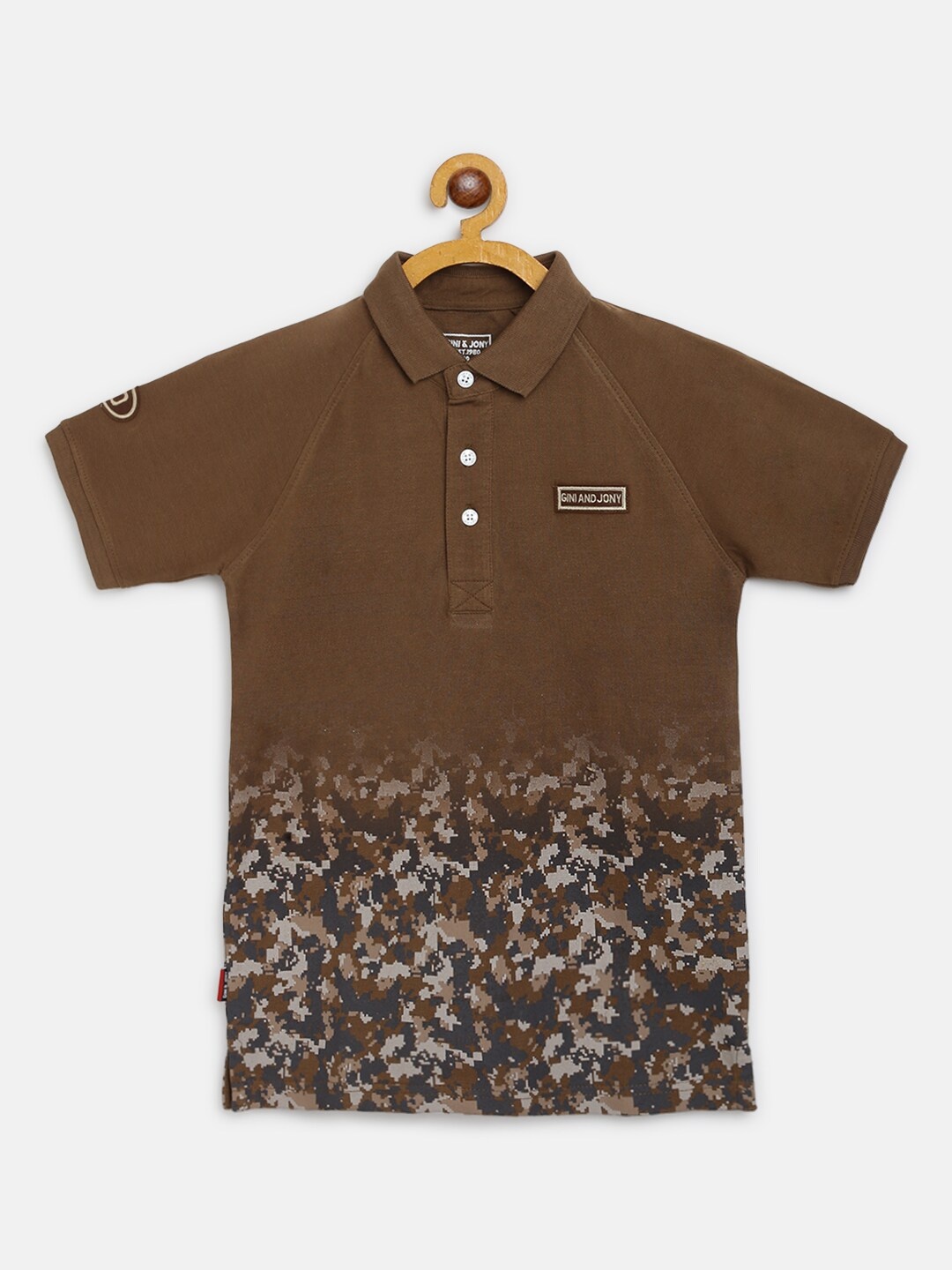 

Gini and Jony Boys Brown Grey Graphic Print Pure Cotton Polo Collar Pure Cotton T-shirt