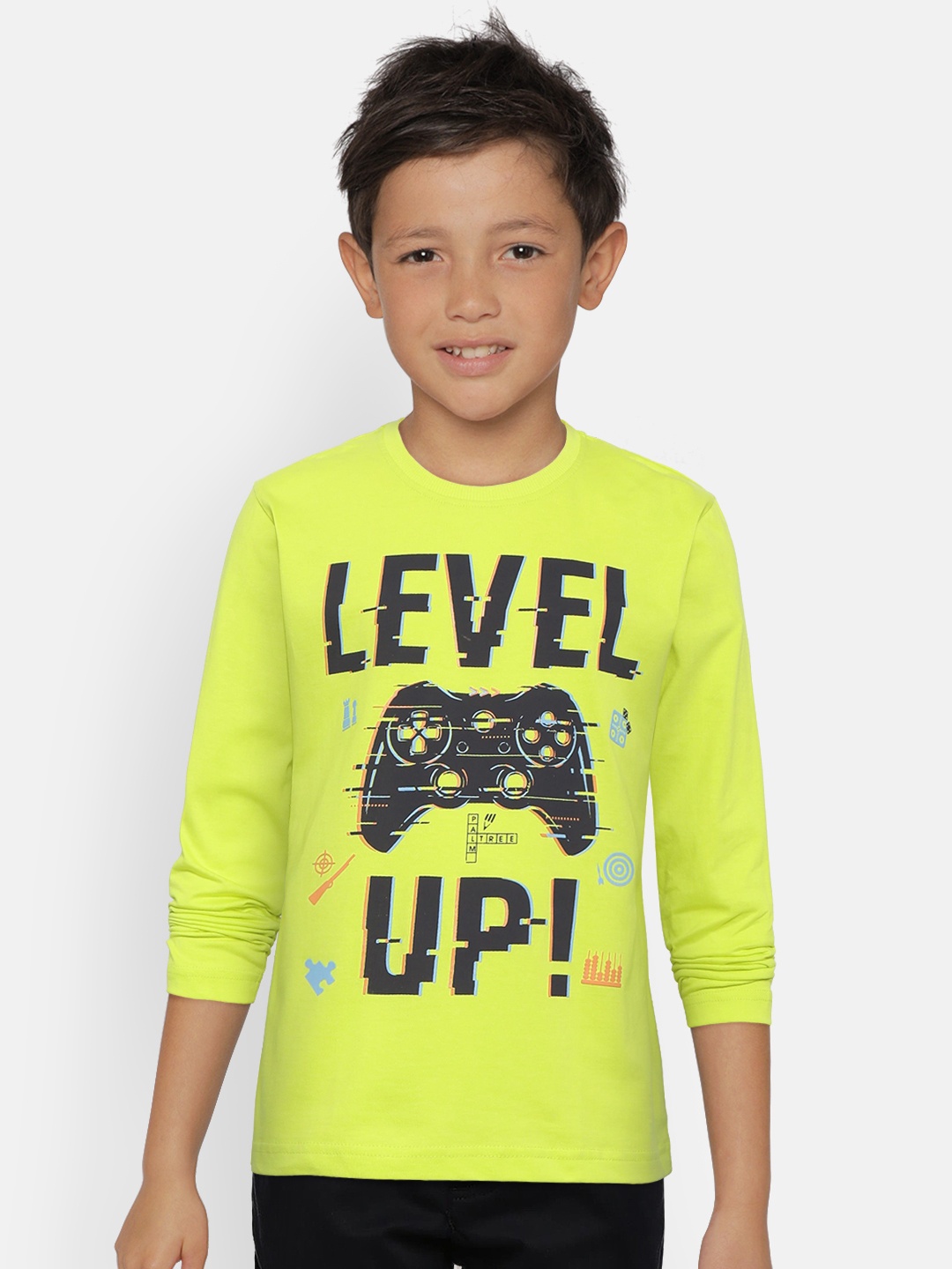 

Palm Tree Boys Fluorescent Green Black Printed Round Neck Pure Cotton T-shirt