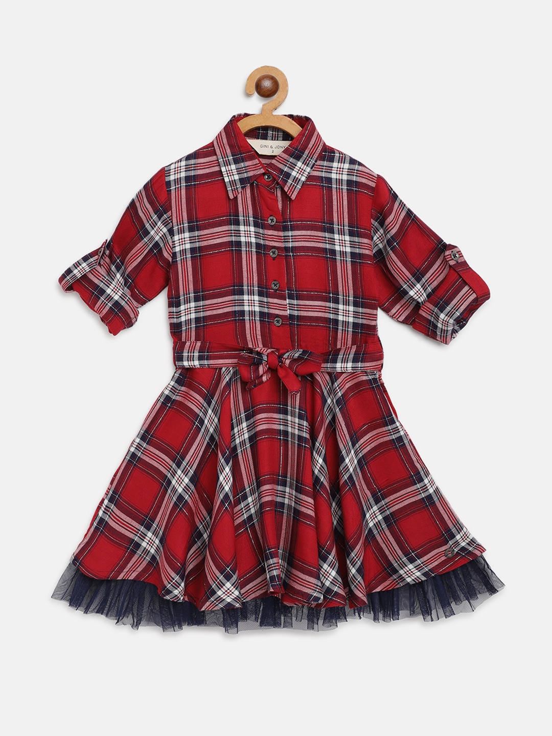

Gini and Jony Girls Red & Navy Blue Checked Fit & Flare Dress with Belt