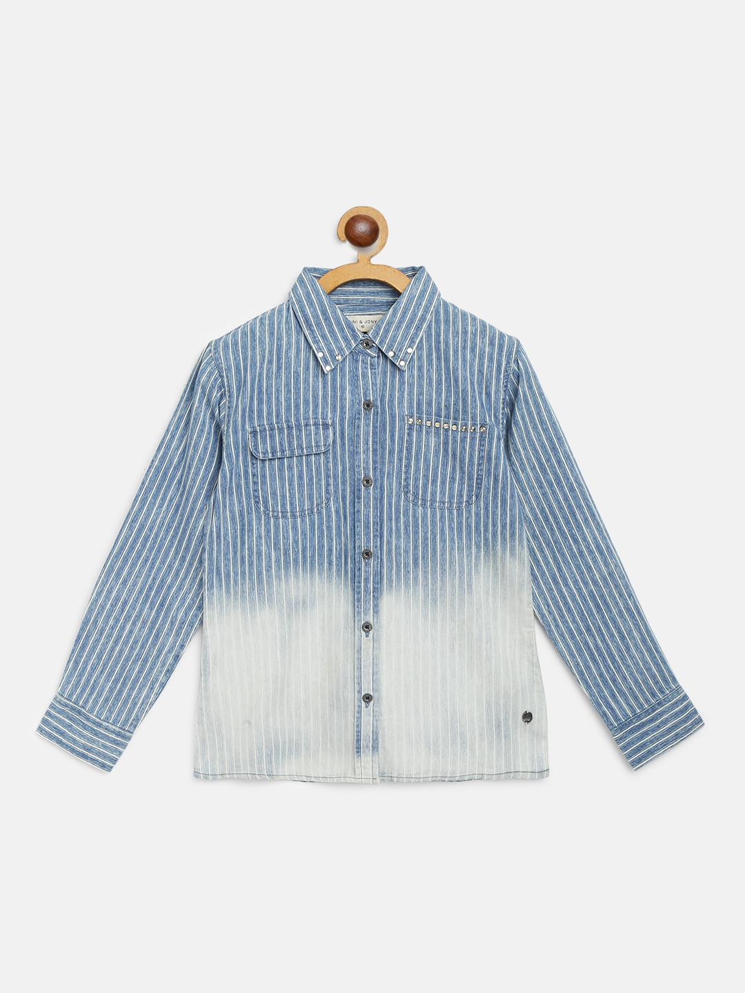 

Gini and Jony Girls Blue Regular Fit Striped Pure Cotton Chambray Shirt with Dyed Effect