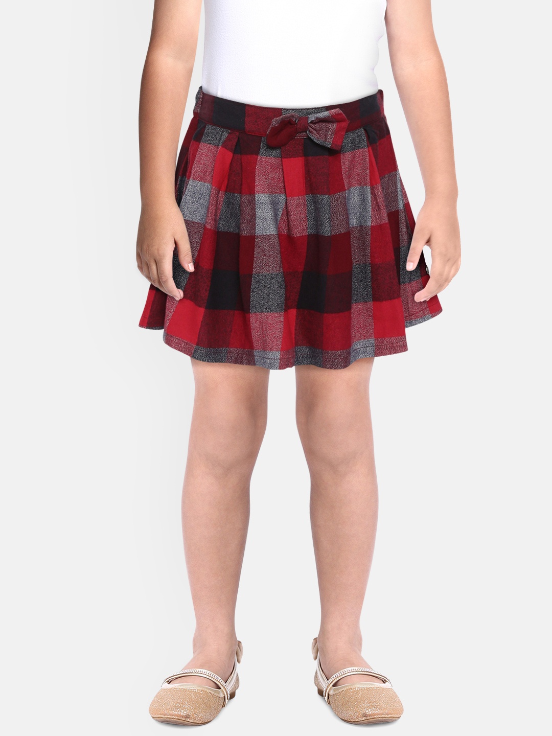 

Gini and Jony Girls Red & Black Checked Pure Cotton Flared Skirt With Bow Detail