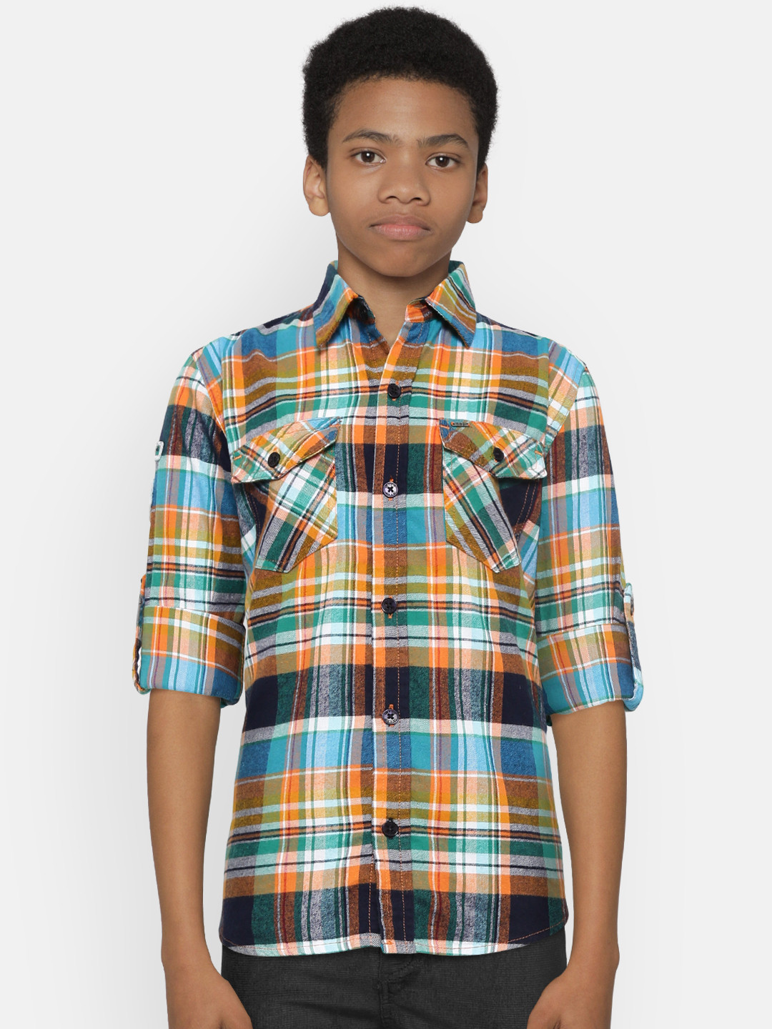 

Gini and Jony Boys Orange & Blue Regular Fit Checked Casual Shirt