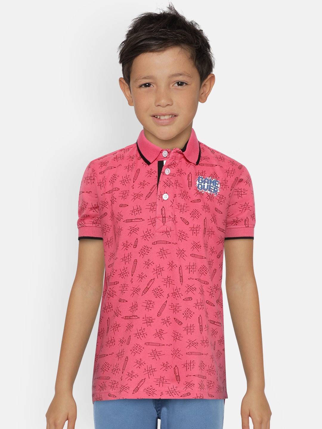 

Palm Tree Boys Pink Coffee Brown Tic-Tac-Toe Printed Polo Collar Pure Cotton T-shirt