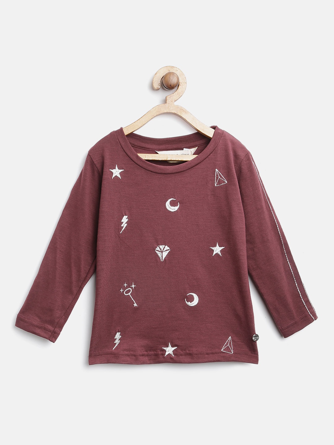 

Gini and Jony Girls Burgundy Embroidered Round Neck Pure Cotton T-shirt