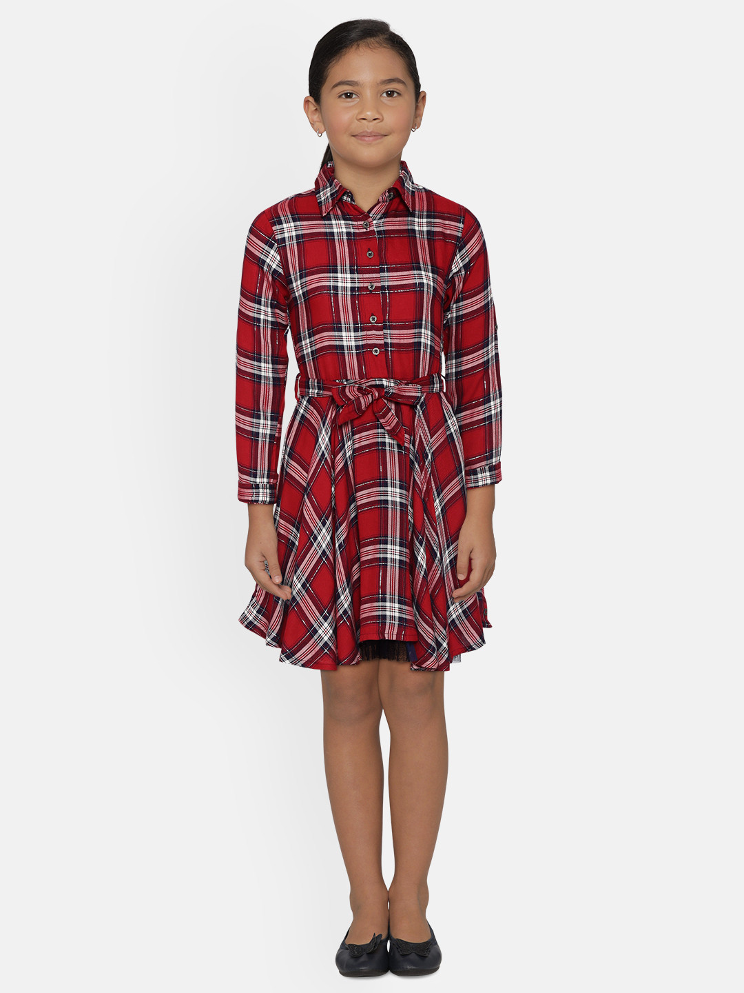 

Gini and Jony Girls Red & Navy Blue Checked A-Line Dress with Belt