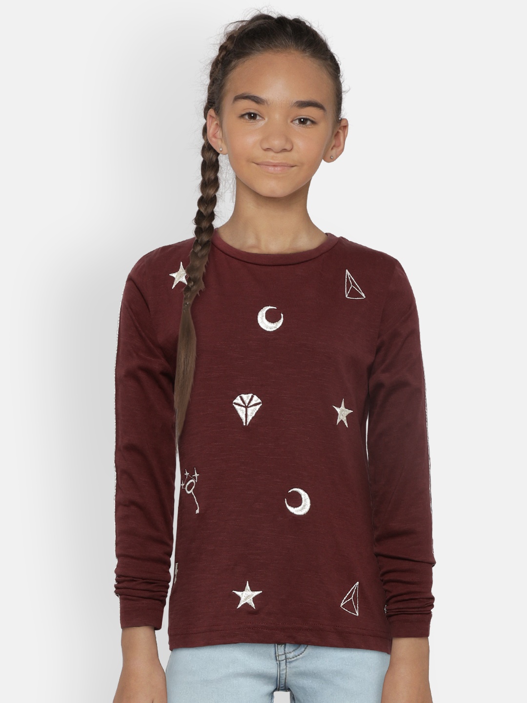 

Gini and Jony Girls Burgundy & Silver Embroidered Round Neck T-shirt
