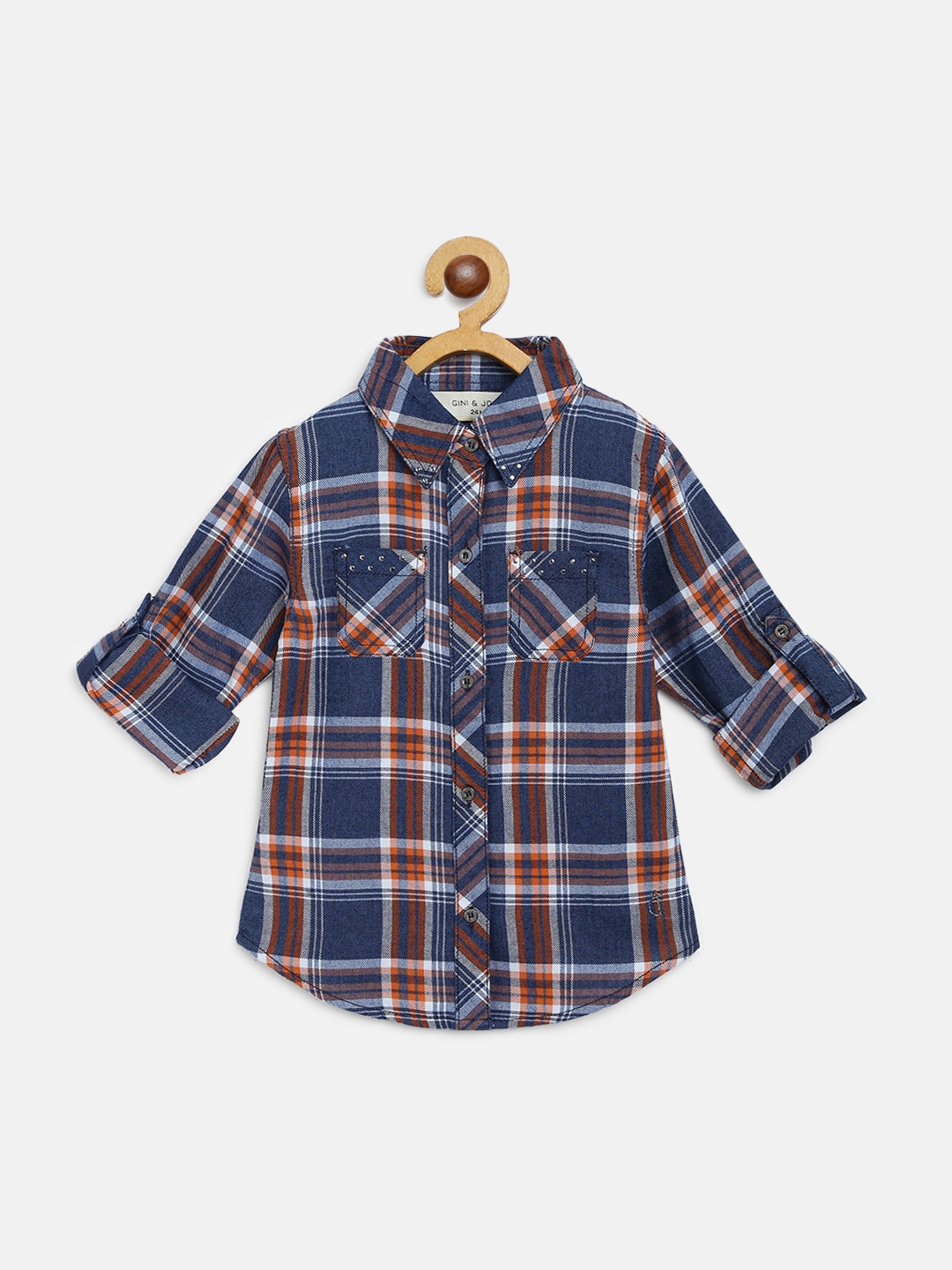 

Gini and Jony Girls Navy Blue & Rust Orange Regular Fit Checked Pure Cotton Casual Shirt