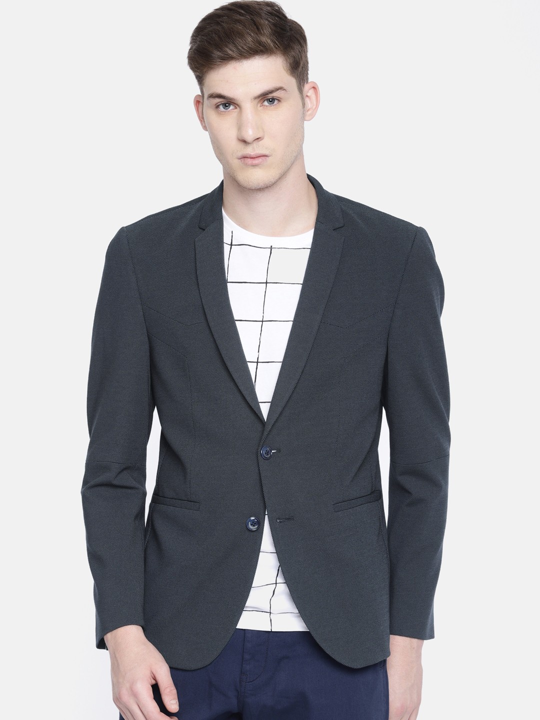 

Louis Philippe Men Navy Blue Self Design Super Slim Fit Single-Breasted Casual Blazer