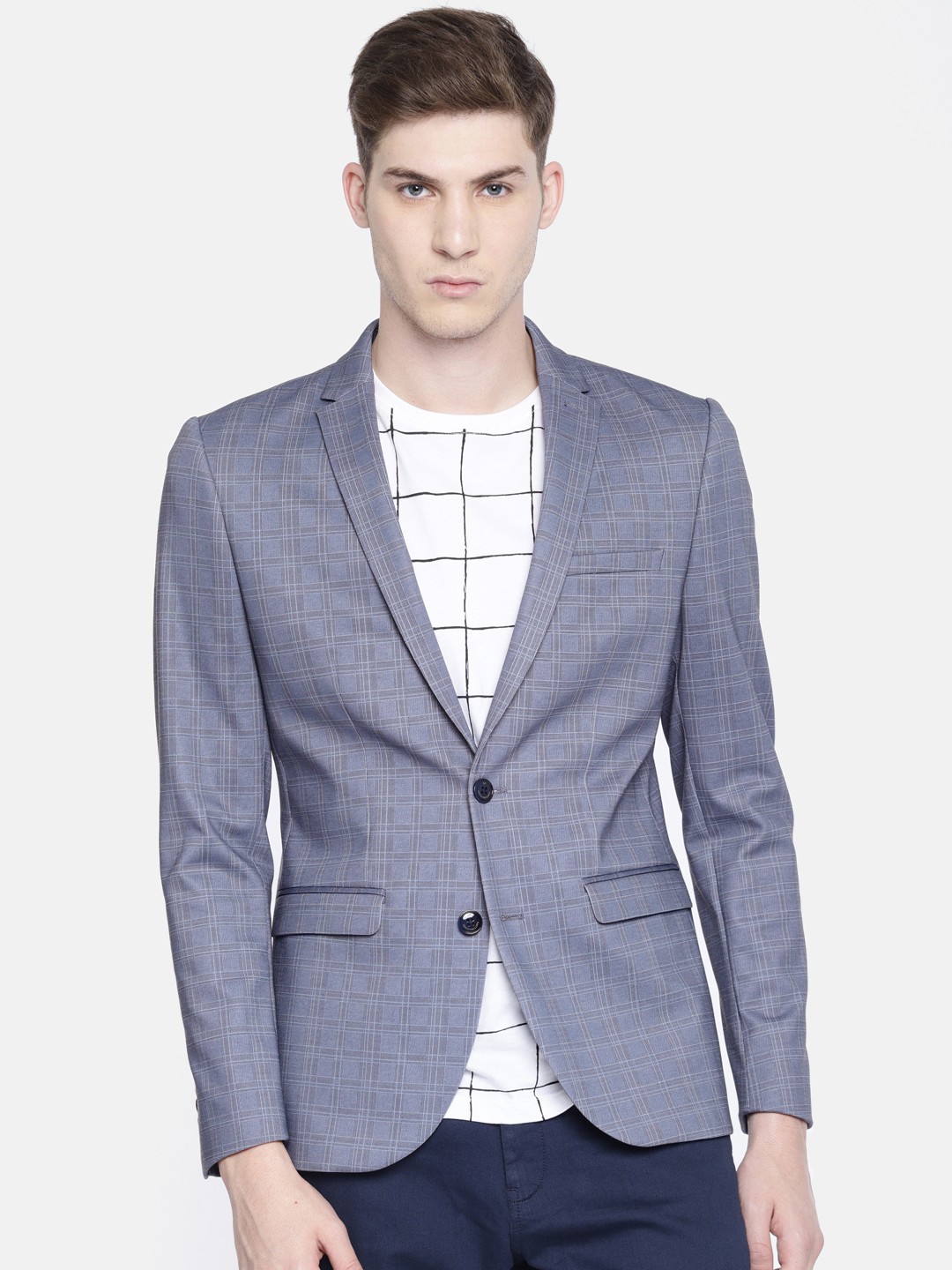 

Louis Philippe Men Blue Checked Super Slim Fit Single-Breasted Casual Blazer