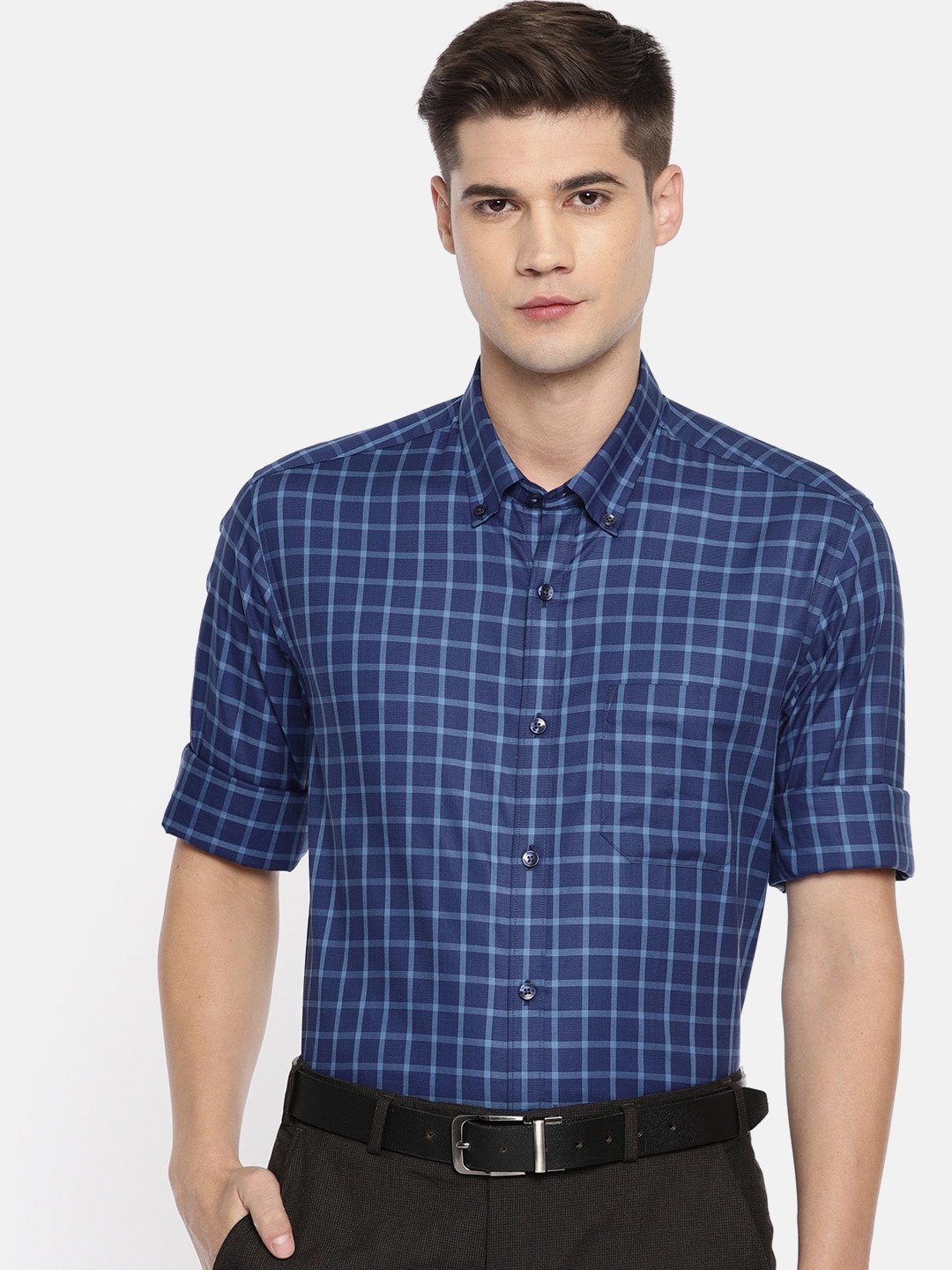 

Louis Philippe Men Blue Slim Fit Checked Casual Shirt