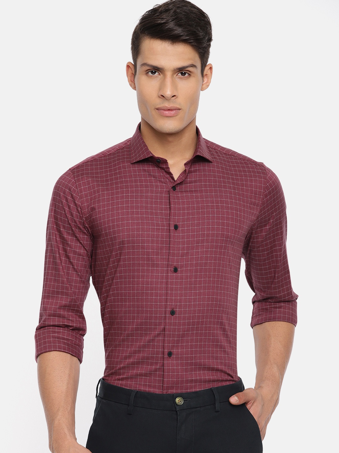 

Louis Philippe Ath.Work Men Burgundy & White Super Slim Fit Checked Smart Casual Shirt