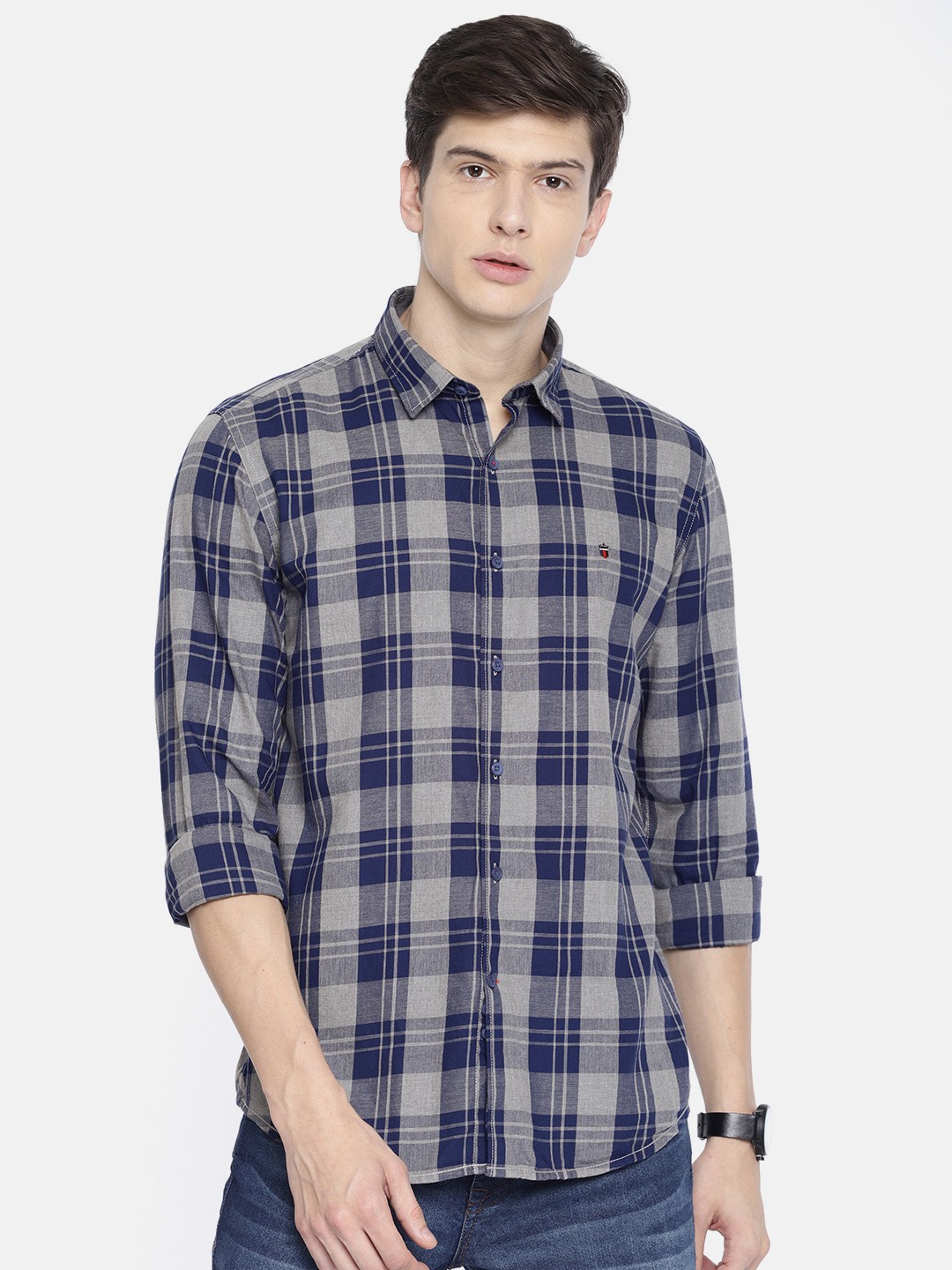 

Louis Philippe Sport Men Grey & Navy Blue Super Slim Fit Checked Casual Shirt
