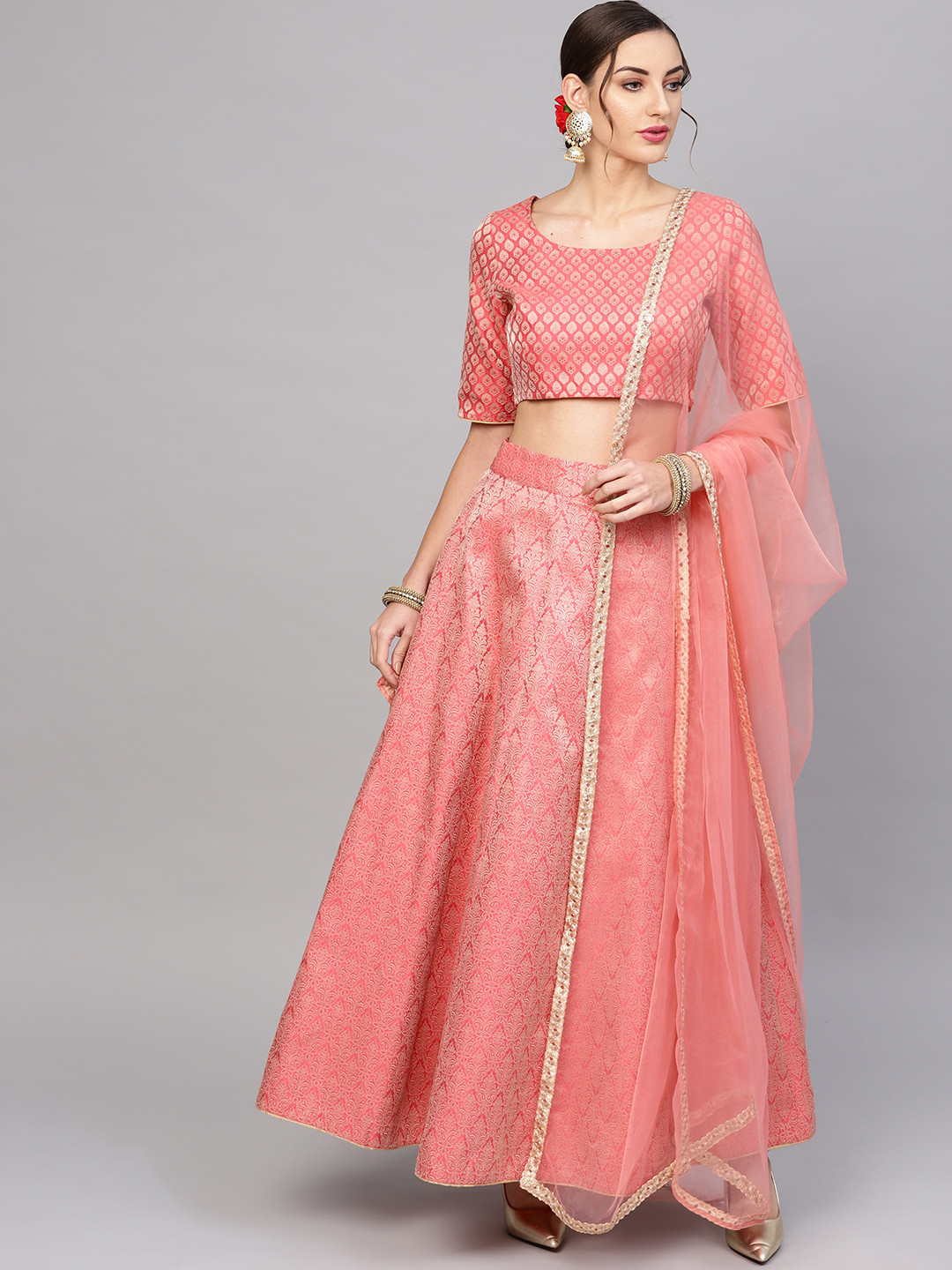 

AKS Peach-Coloured & Golden Woven Design Ready to Wear Brocade Lehenga Choli with Dupatta