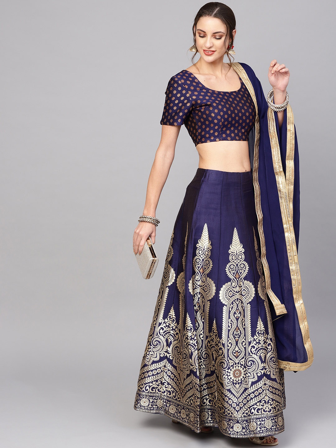 

AKS Navy Blue & Golden Woven Design Ready to Wear Lehenga & Blouse with Dupatta
