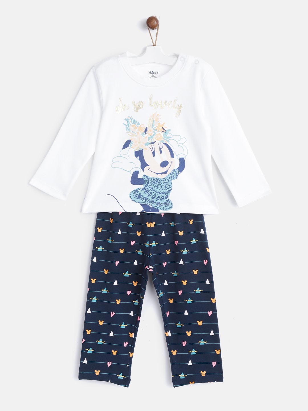

YK Disney Girls White & Navy Blue Mickey & Friends Minnie Mouse Print Night Suit