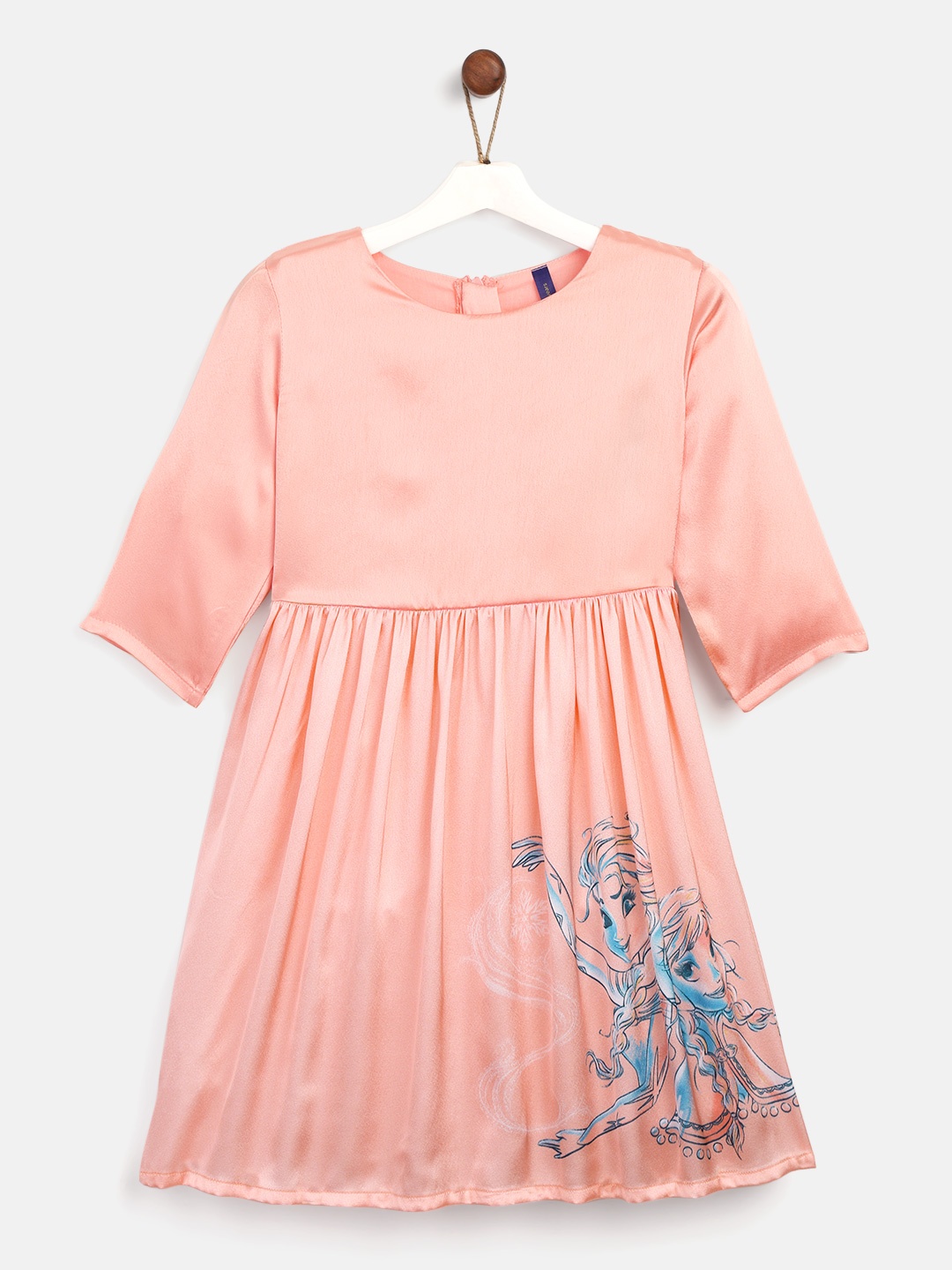 

YK Disney Girls Peach Elsa Print Satin Fit & Flare Dress