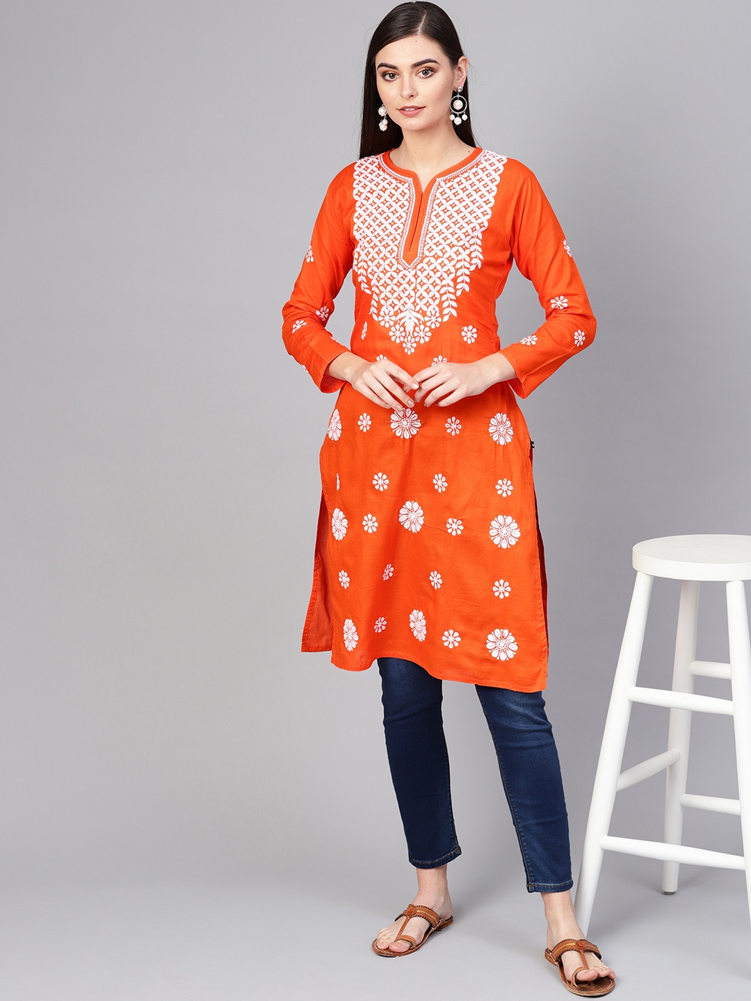 

Saadgi Women Orange & White Chikankari Embroidered Straight Kurta
