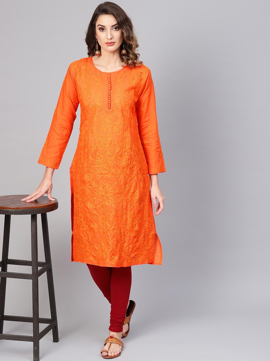 

Saadgi Women Orange Aari Embroidered Handloom Straight Kurta