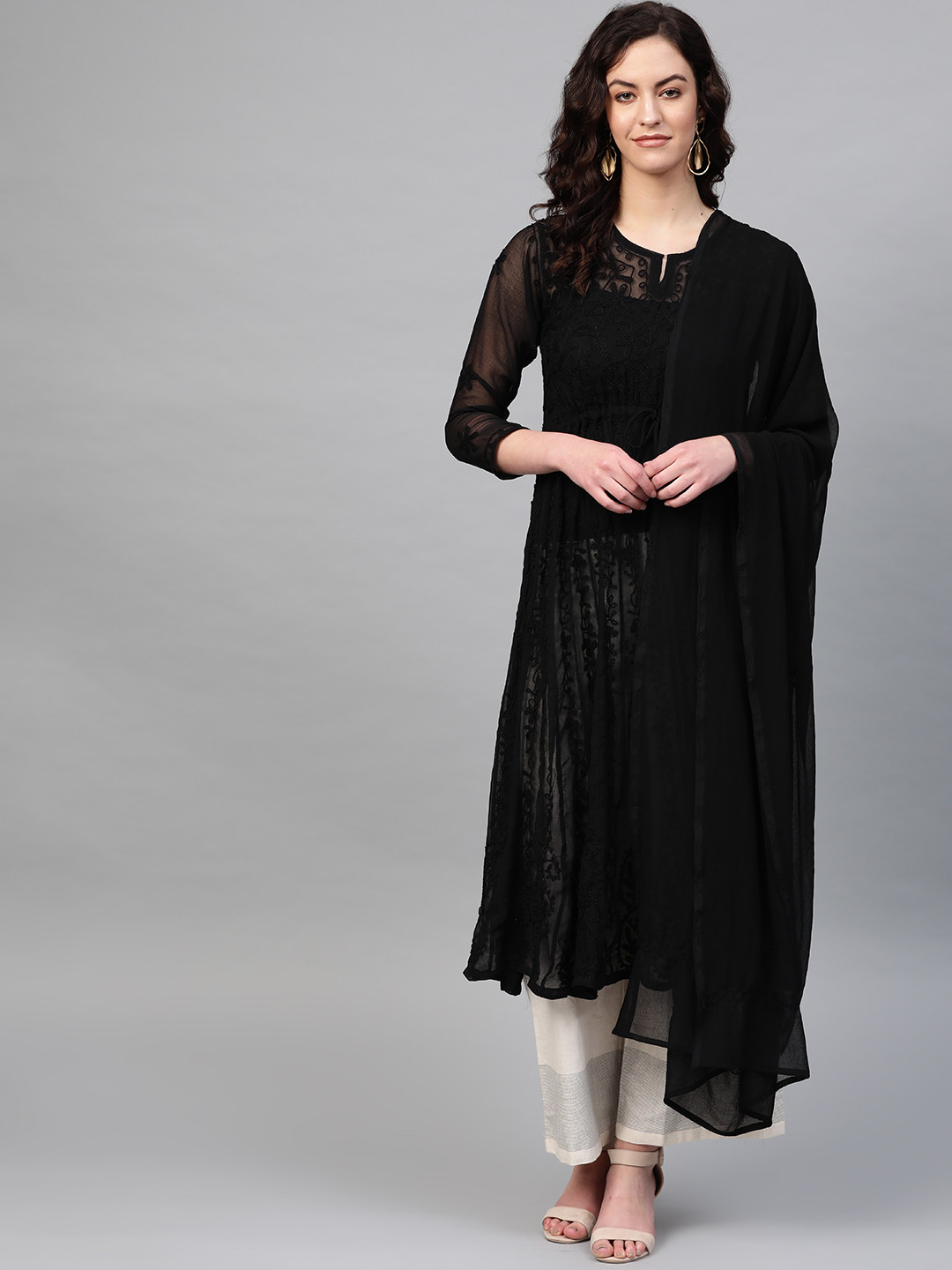 

Saadgi Women Black Handloom Chikankari Embroidered A-Line Kurta with Dupatta