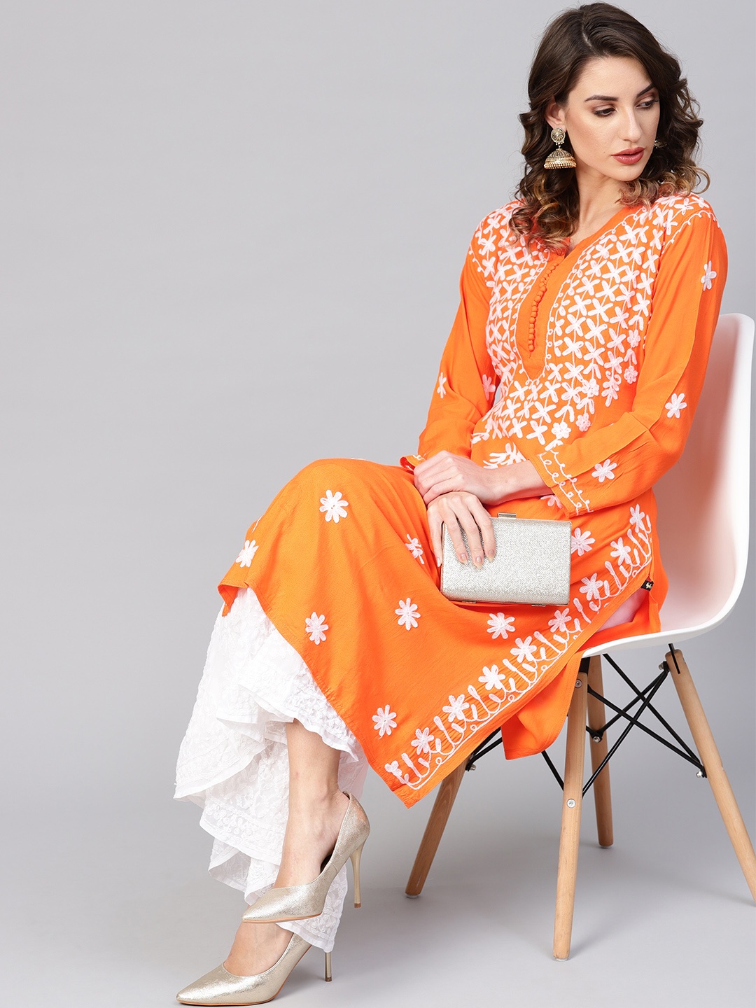 

Saadgi Women Orange & White Chikankari Aari Handloom Embroidered Straight Kurta
