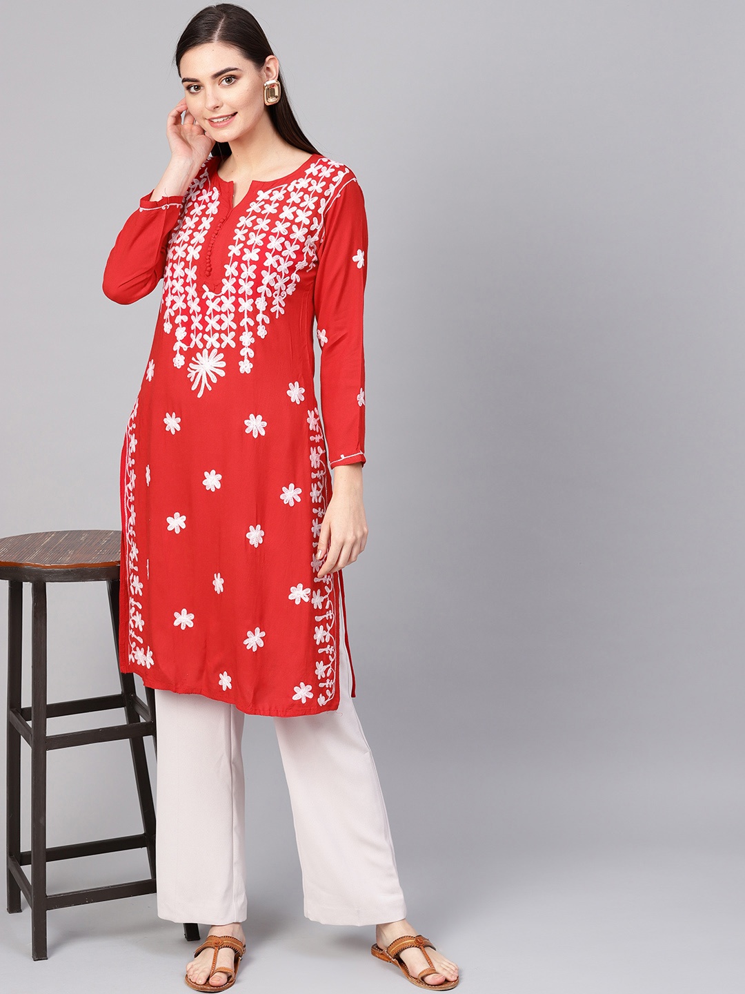 

Saadgi Women Red & White Embroidered Chikankari Aari Handloom Straight Kurta