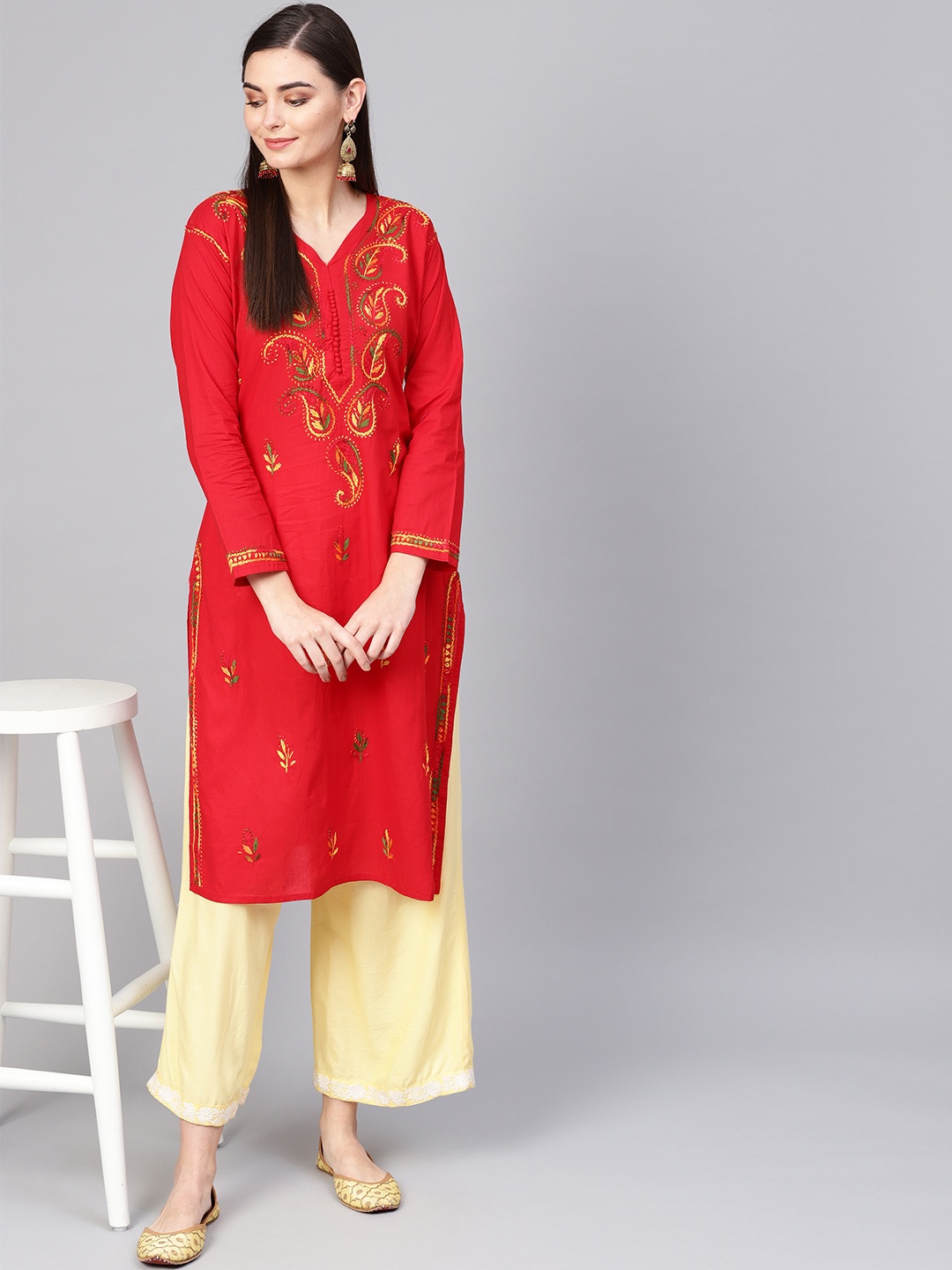 

Saadgi Women Red Chikankari Embroidered Handloom Straight Kurta
