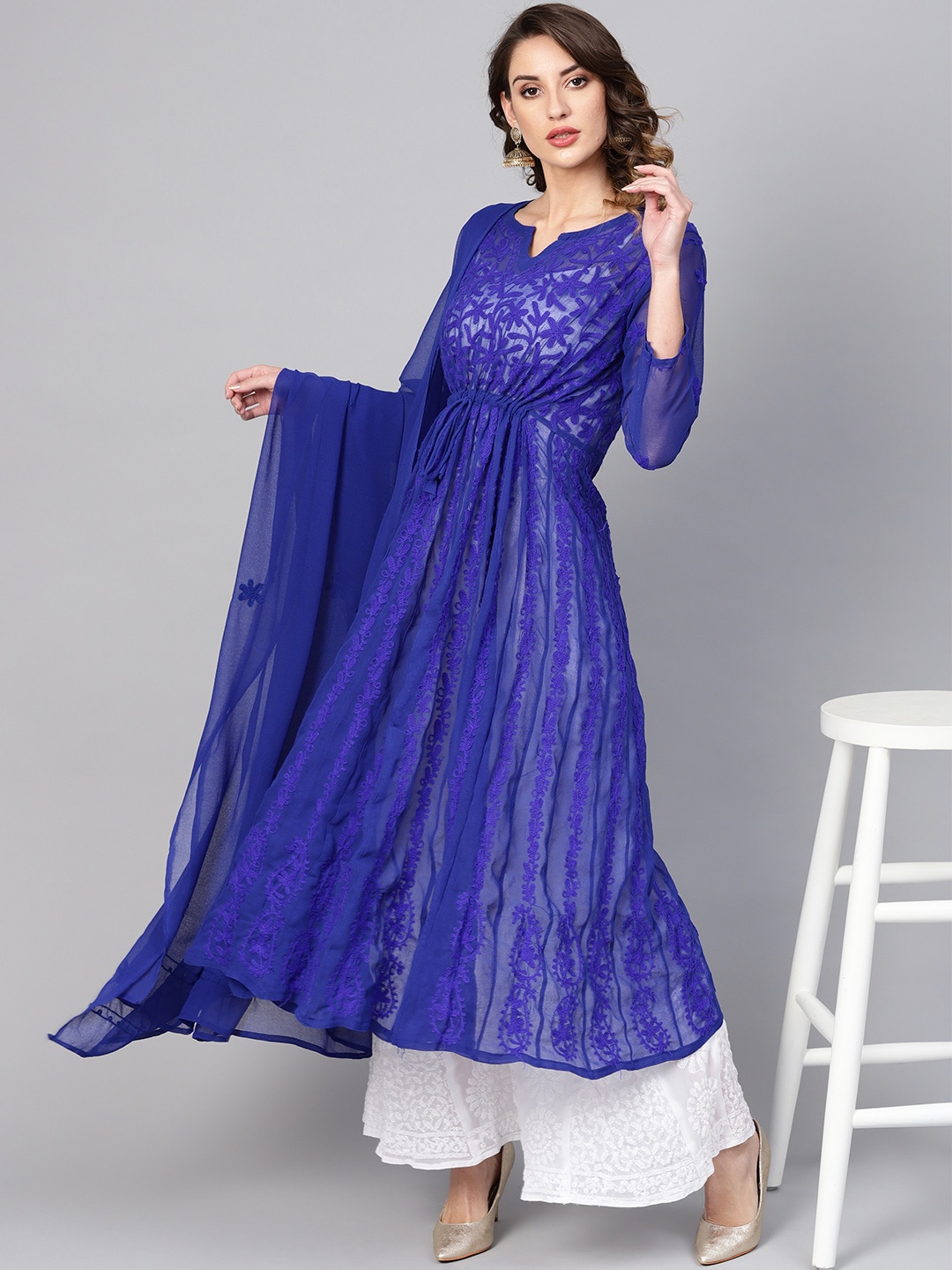 

Saadgi Women Blue Aari Handloom Floral Embroidered Sheer Anarkali Kurta with Dupatta