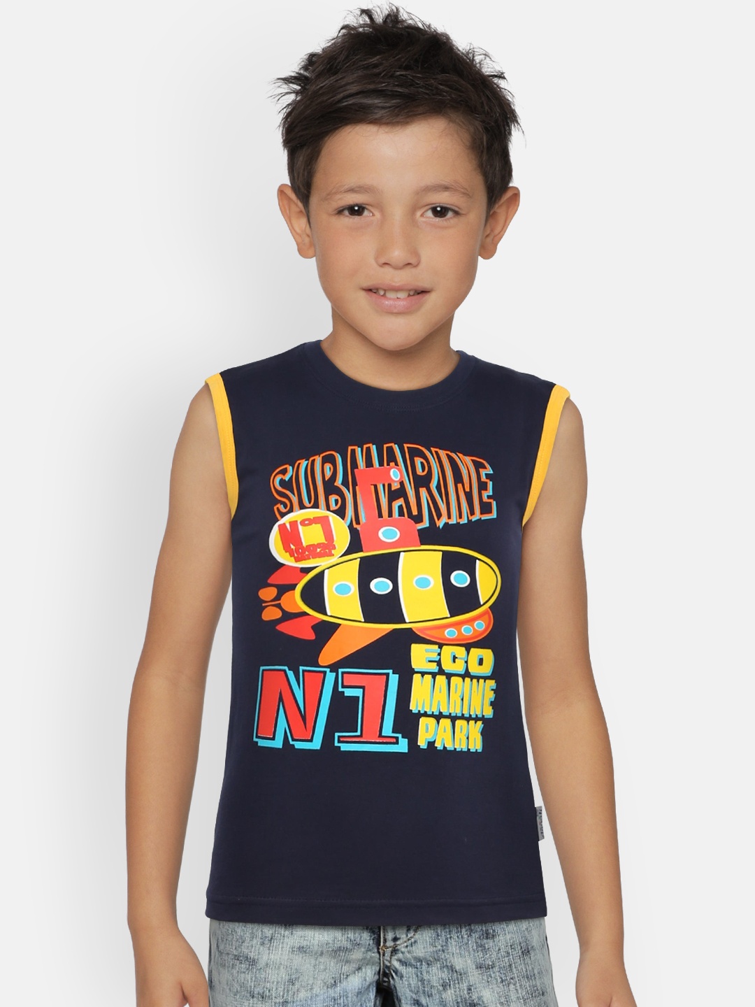 

dongli Boys Navy Blue Printed Round Neck Sleeveless T-shirt