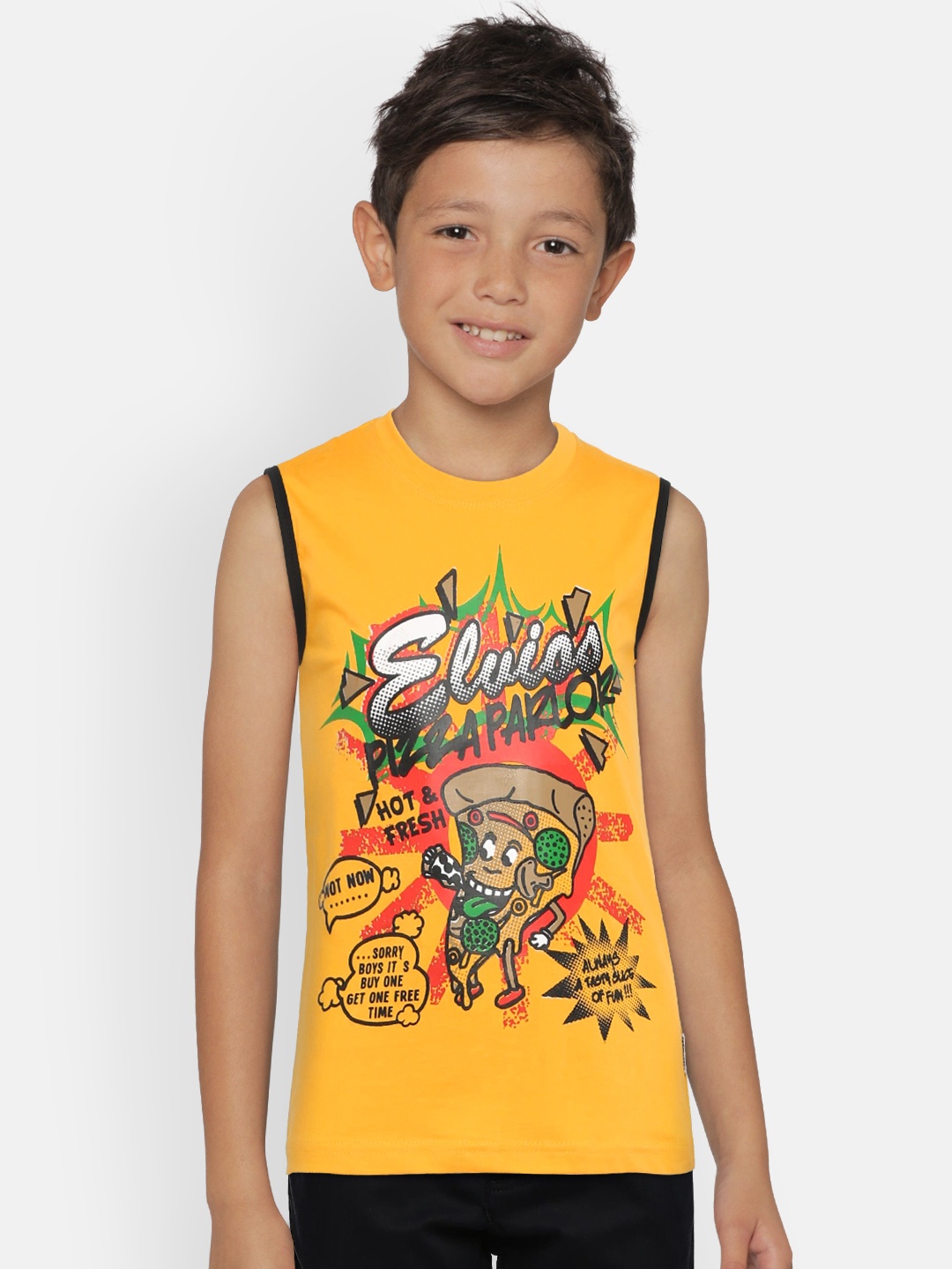 

dongli Boys Yellow Printed Round Neck Sleeveless T-shirt