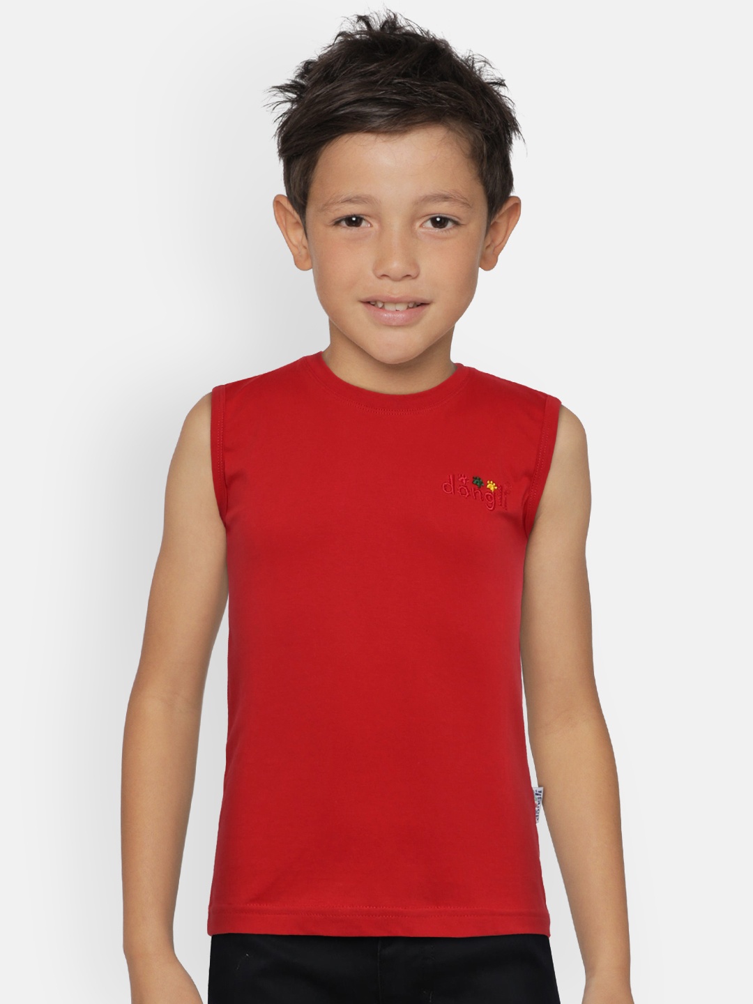 

dongli Boys Red Solid Round Neck Pure Cotton T-shirt