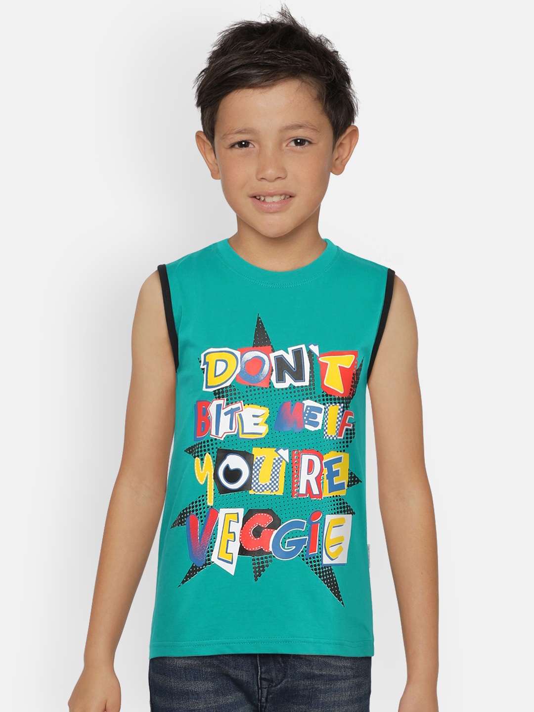 

dongli Boys Turquoise Blue Printed Round Neck Sleeveless T-shirt