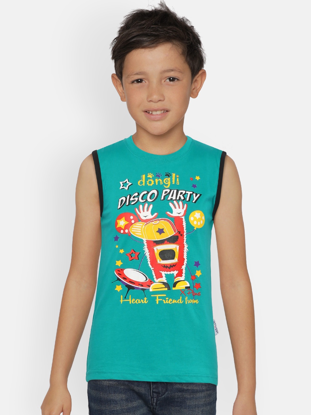 

dongli Boys Turquoise Blue Printed Round Neck Sleeveless T-shirt