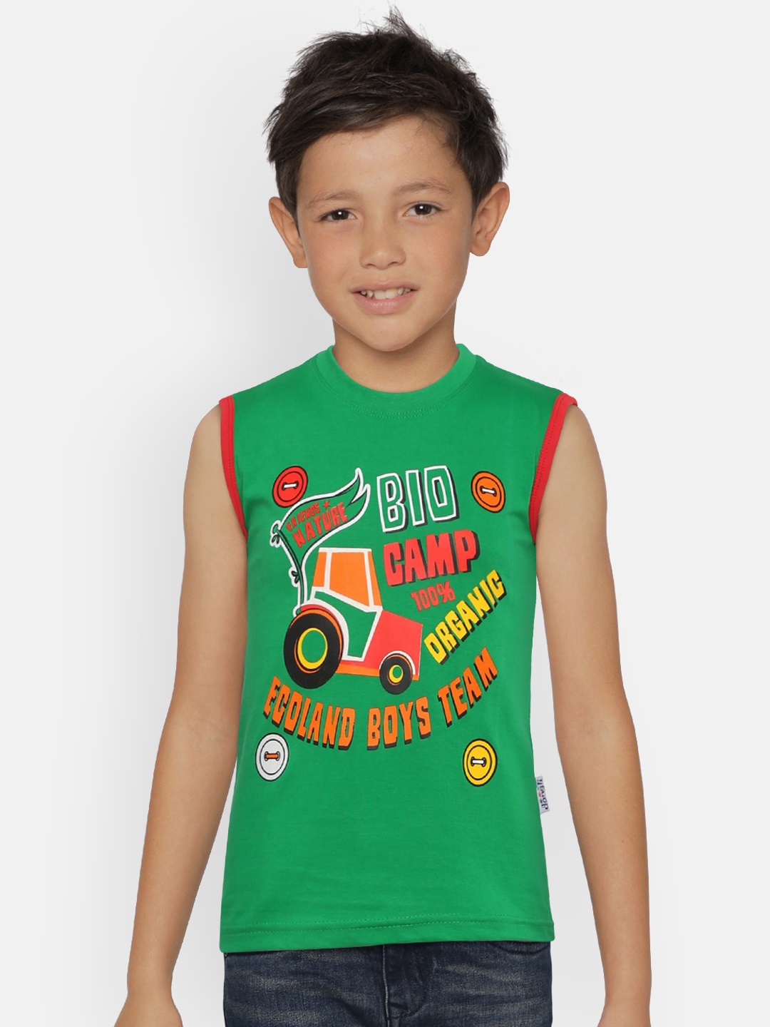 

dongli Boys Green Printed Round Neck Pure Cotton T-shirt