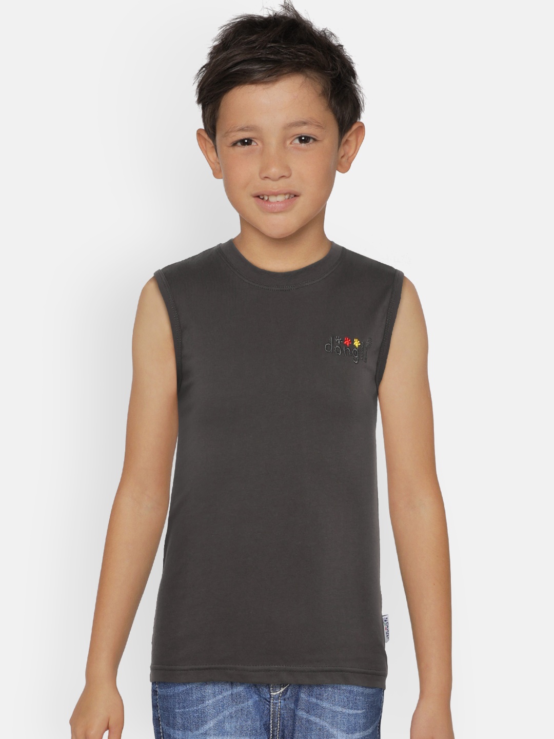 

dongli Boys Grey Solid Round Neck Sleeveless T-shirt