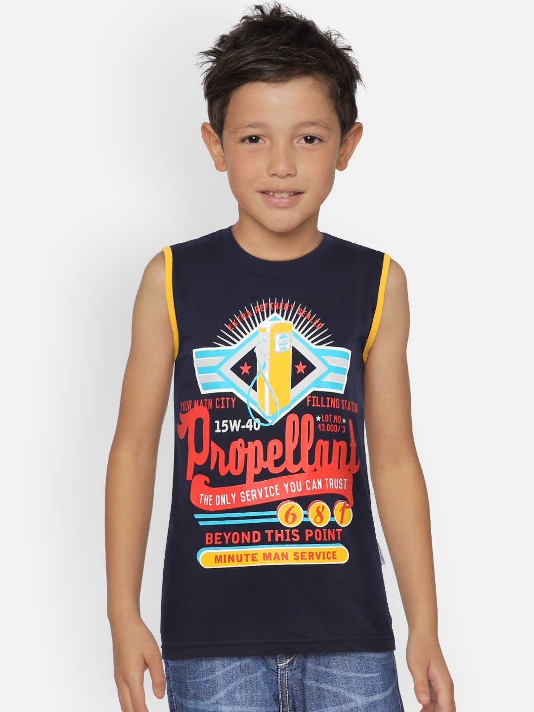 

dongli Boys Navy Blue Printed Round Neck T-shirt