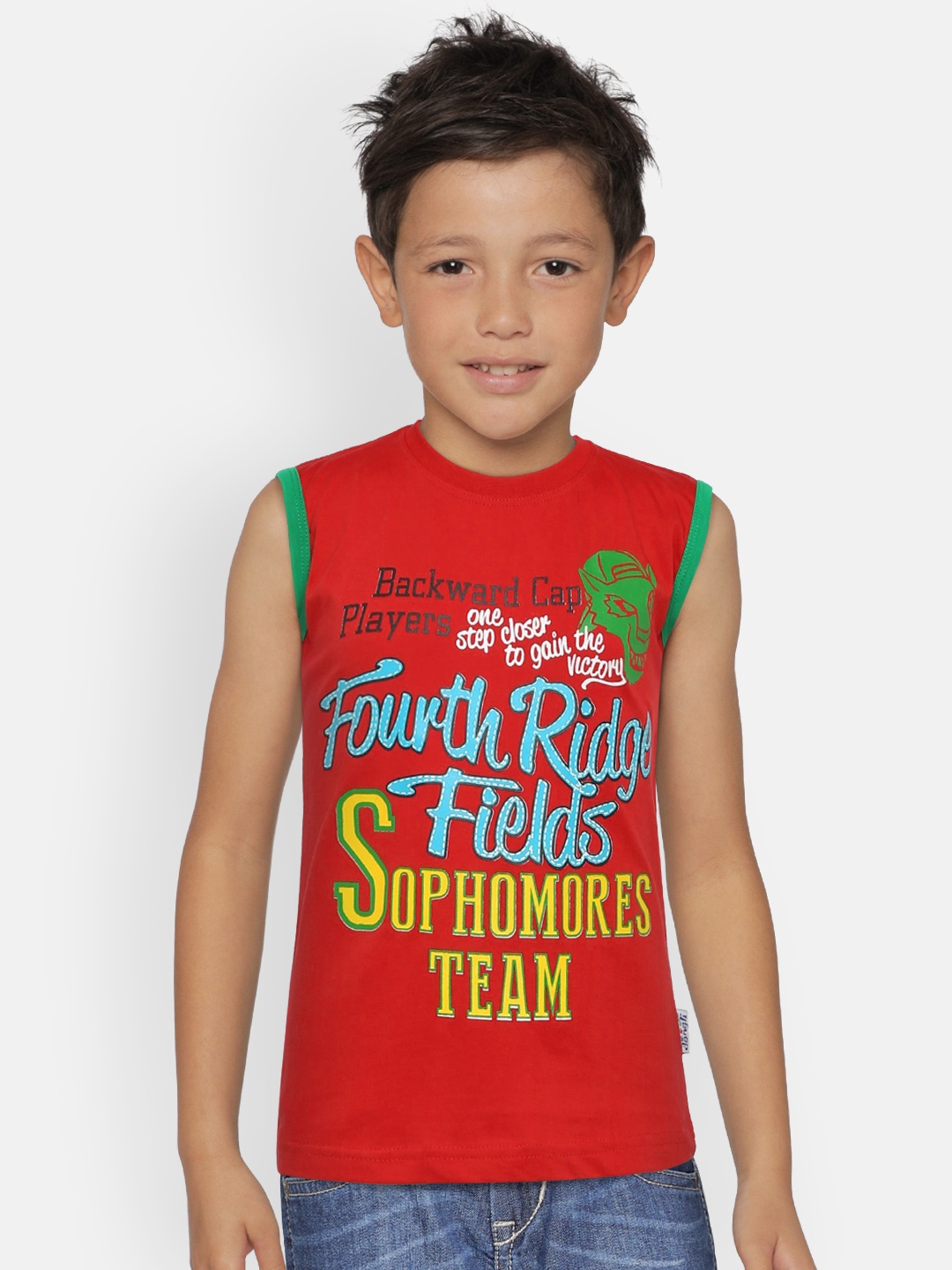 

dongli Boys Red Printed Round Neck Sleeveless T-shirt
