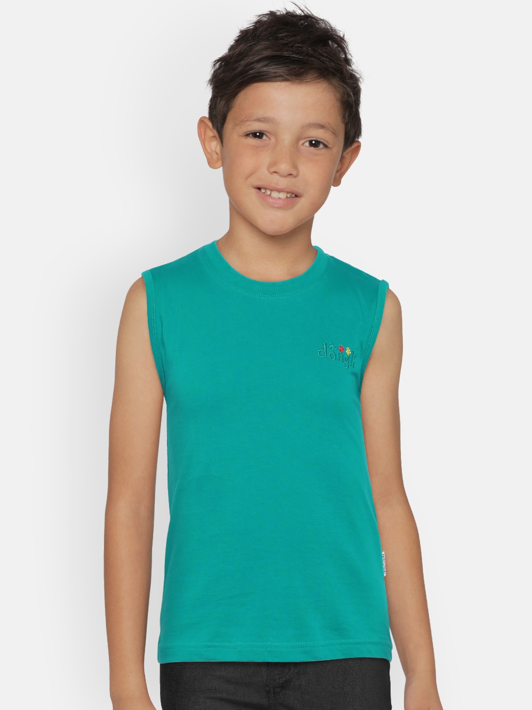 

dongli Boys Turquoise Blue Solid Round Neck Sleeveless T-shirt