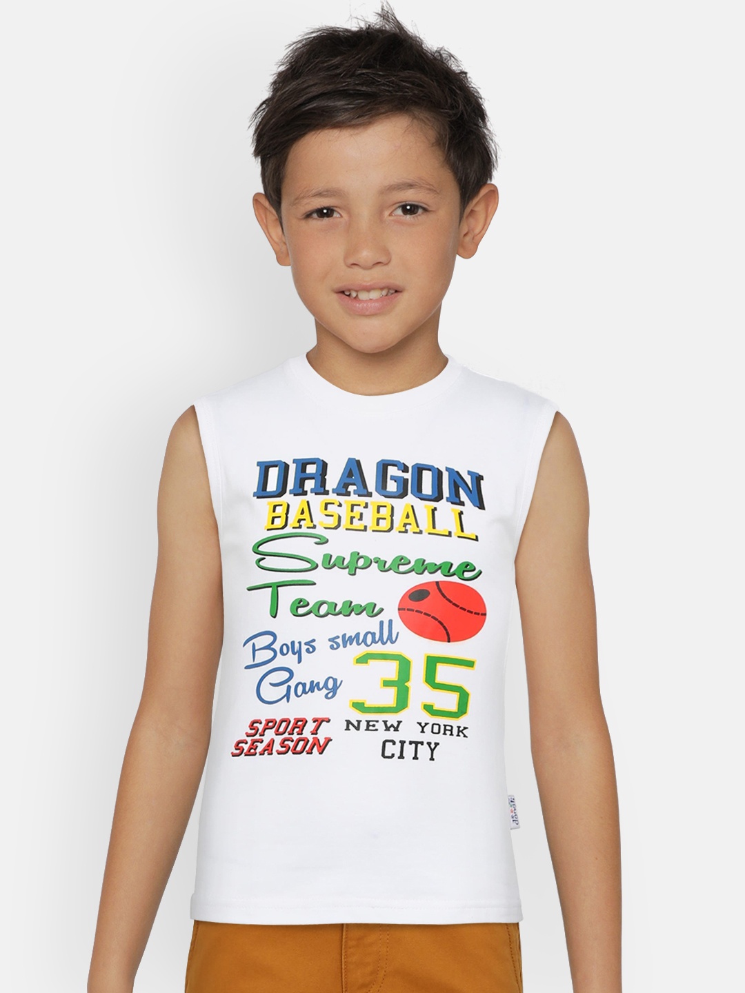 

dongli Boys White Printed Round Neck Sleeveless T-shirt