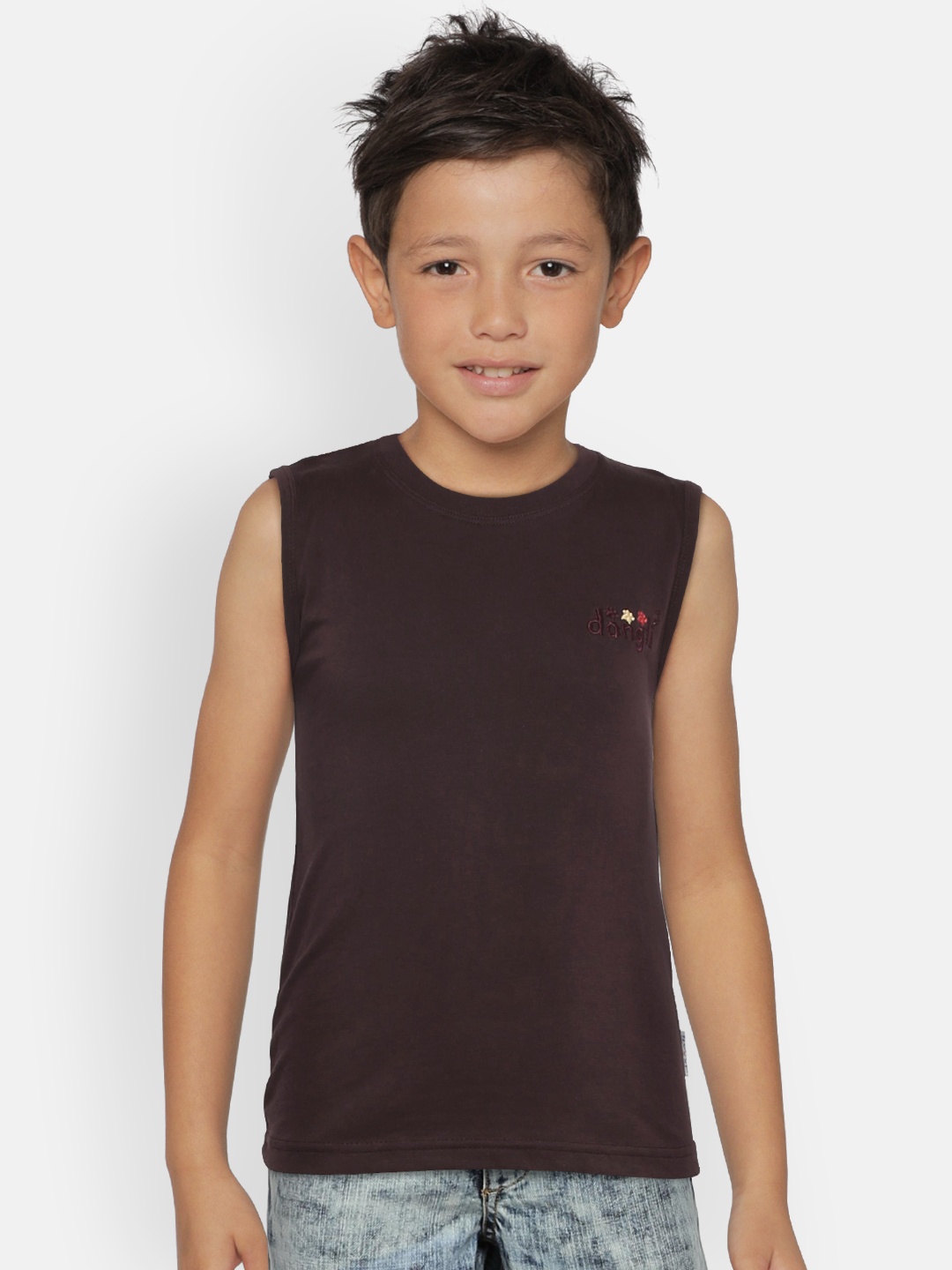 

dongli Boys Brown Solid Round Neck Sleeveless T-shirt