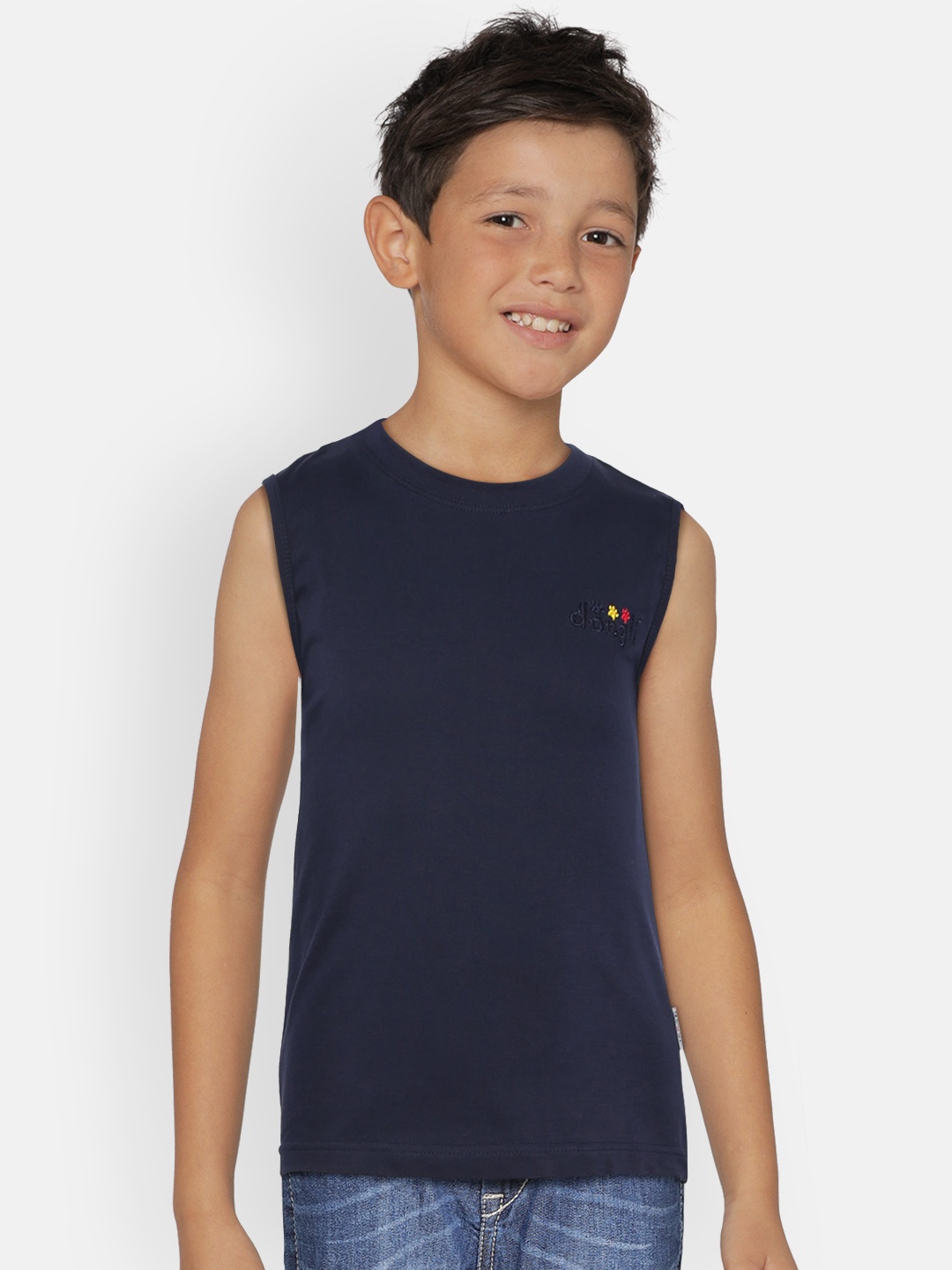 

dongli Boys Navy Blue Solid Round Neck Sleeveless T-shirt