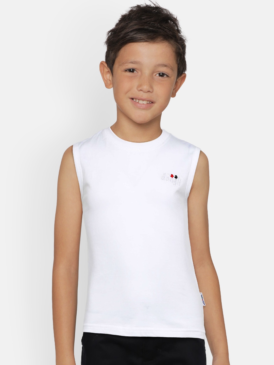 

dongli Boys White Solid Round Neck Sleeveless T-shirt
