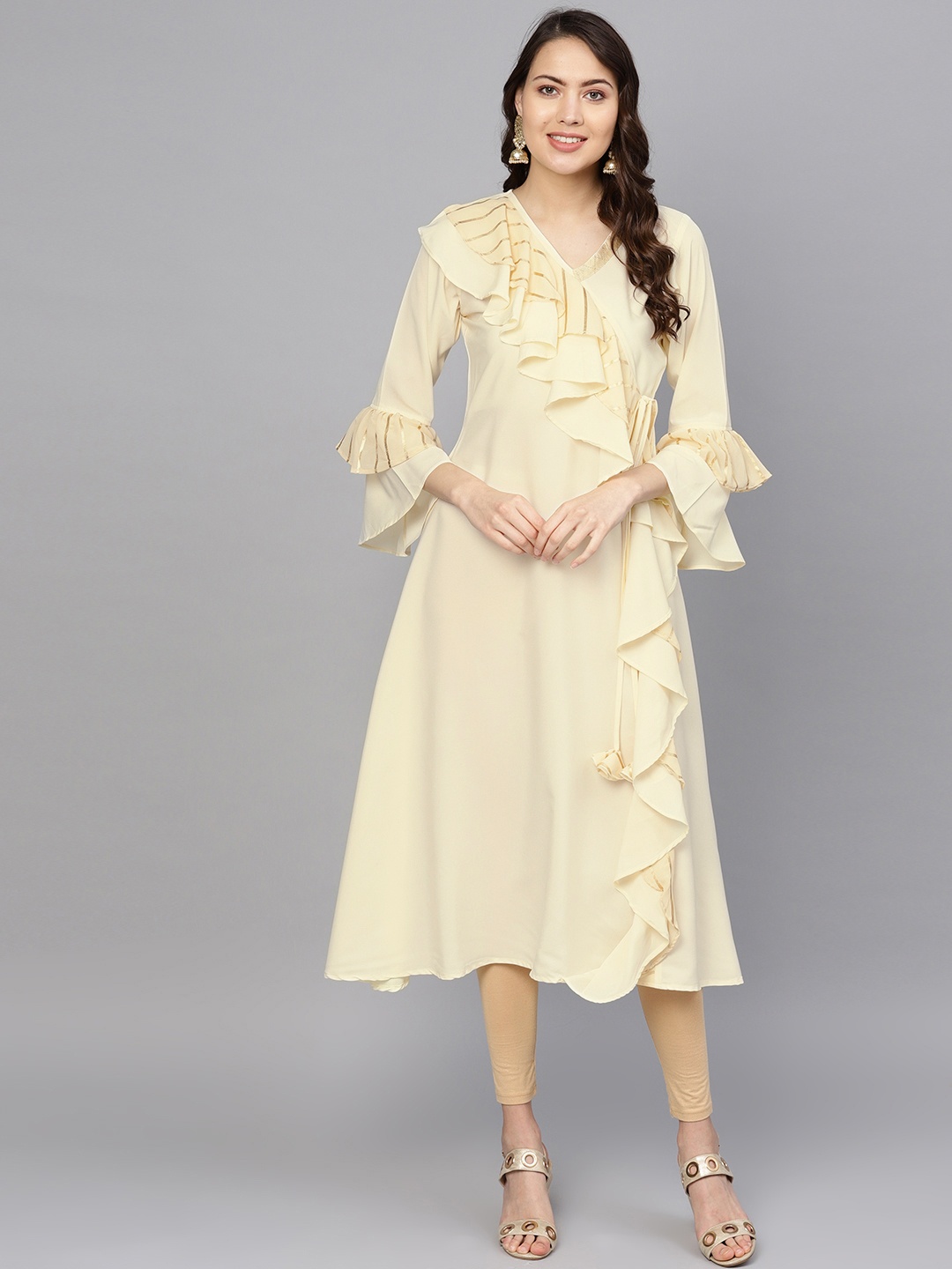 

Ahalyaa Women Cream-Coloured Ruffled Foil Print A-Line Kurta