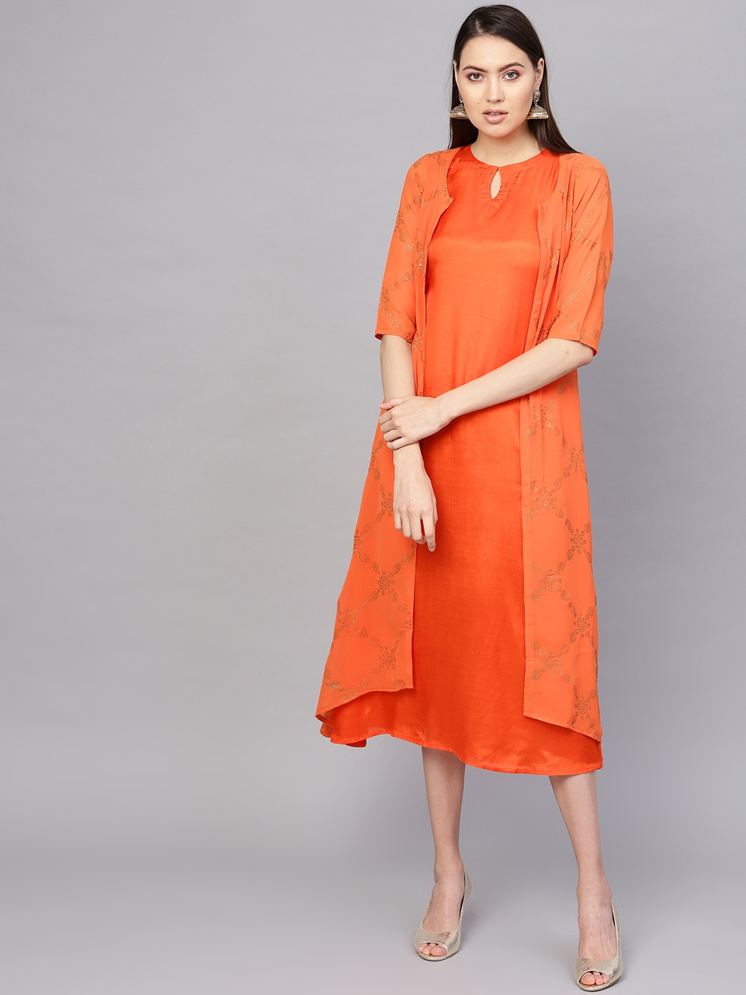 

Libas Women Orange Block Print A-Line Dress