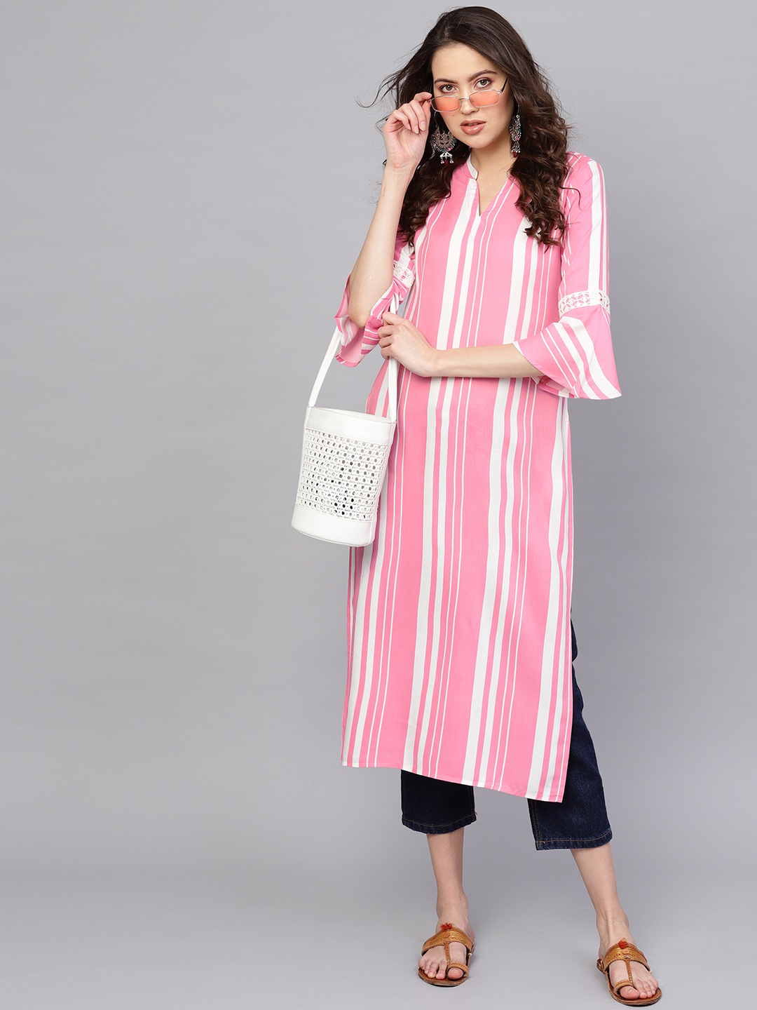 

Libas Women Pink & White Striped Straight Kurta