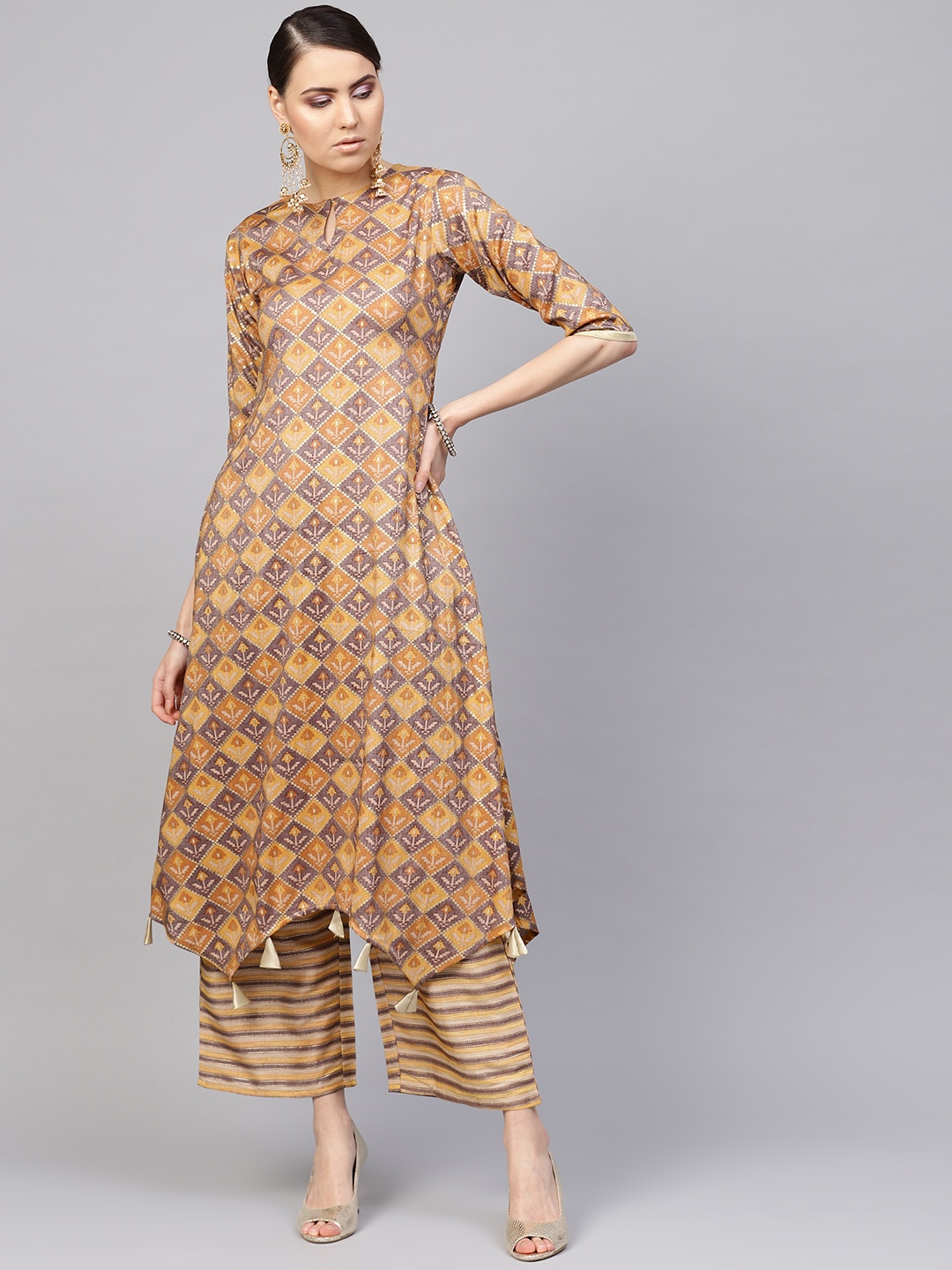 

Libas Women Mustard Yellow & Taupe Printed Kurta with Palazzos