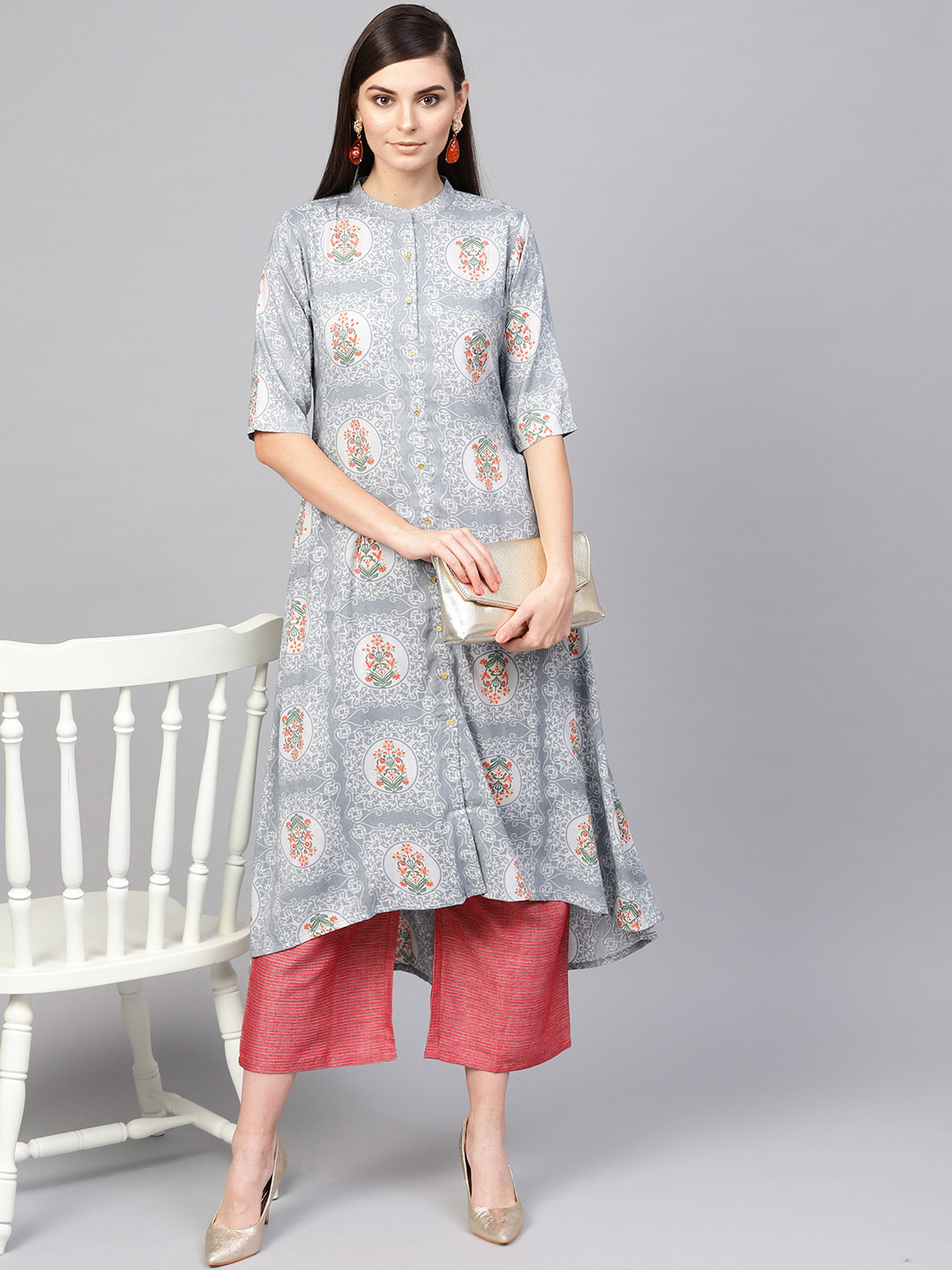 

Libas Women Grey & Off-White Printed Kurta with Palazzos