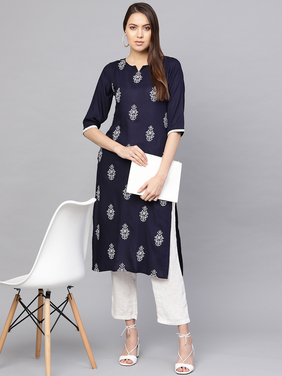 

Libas Women Navy Blue Embroidered Straight Kurta