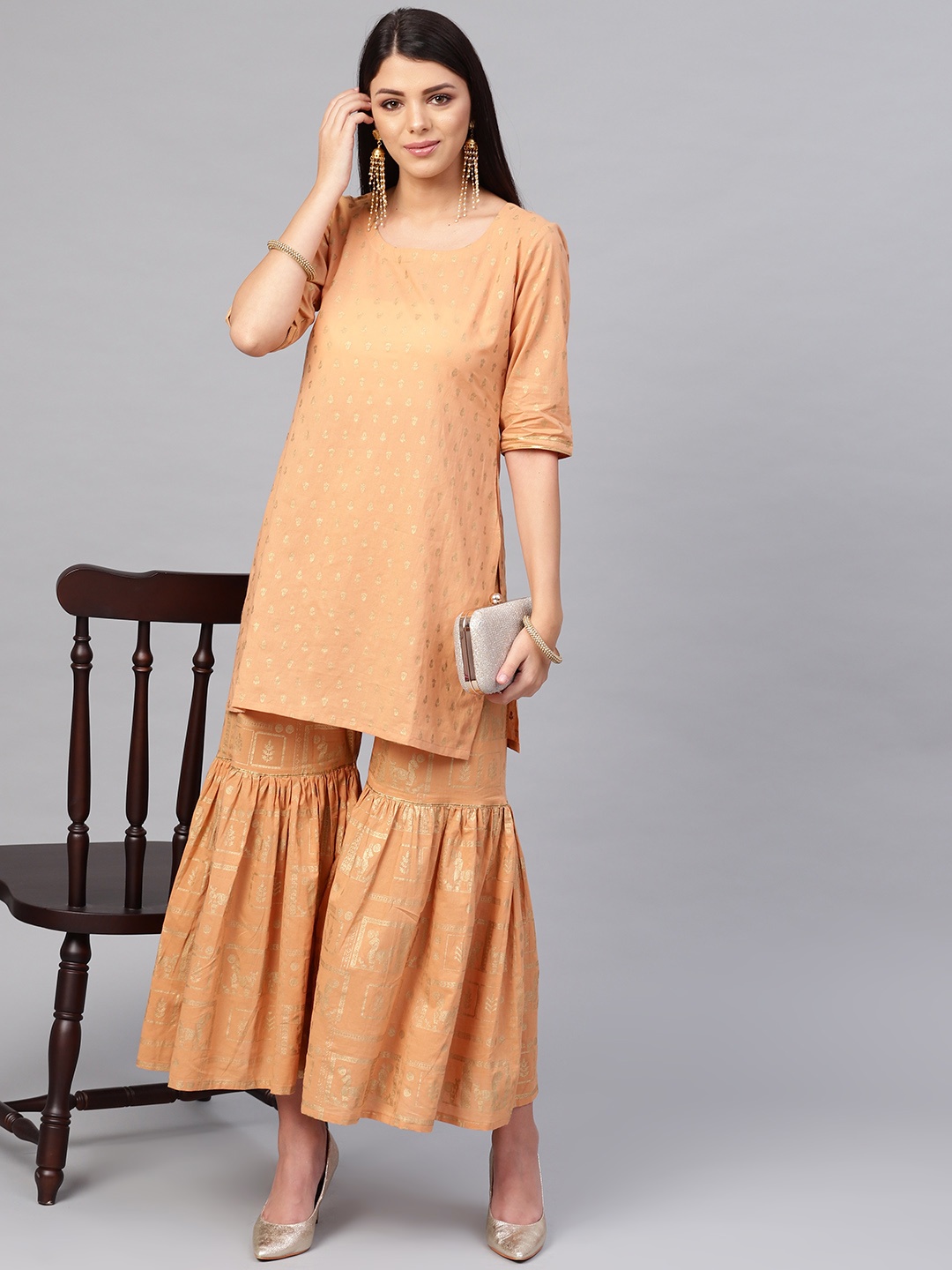 

Libas Women Beige & Golden Block Print Kurta with Sharara