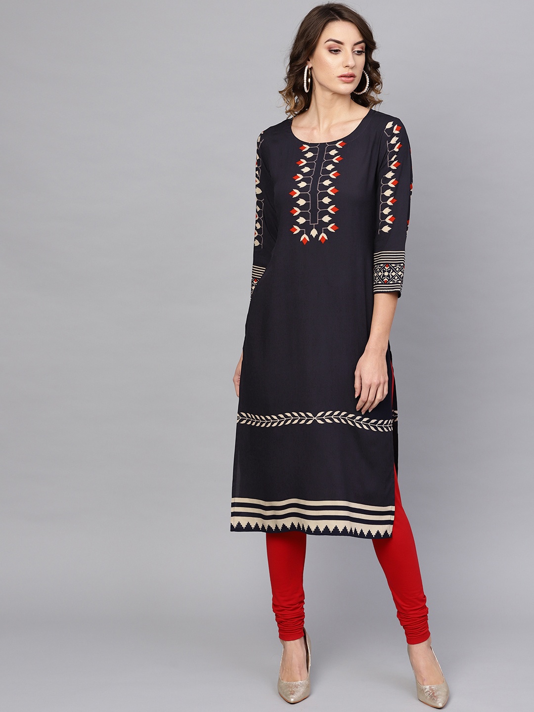 

Libas Women Navy Blue & Beige Printed Straight Kurta
