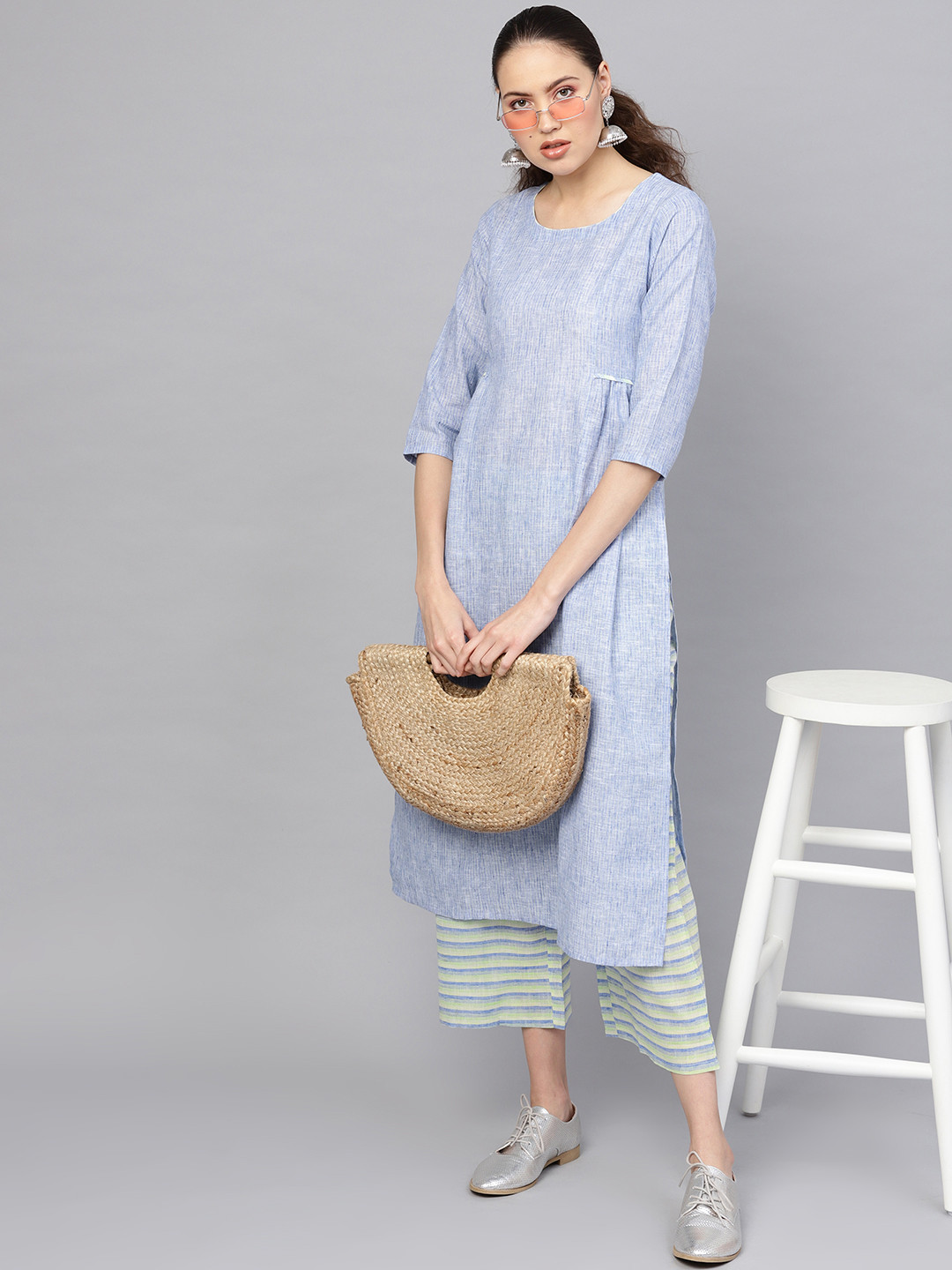 

Libas Women Blue & Green Self-Striped Kurta with Palazzos